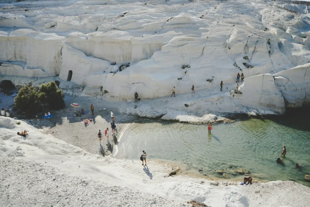 The white lunar rock formations and turquoise water of Sarakiniko Beach, Milos