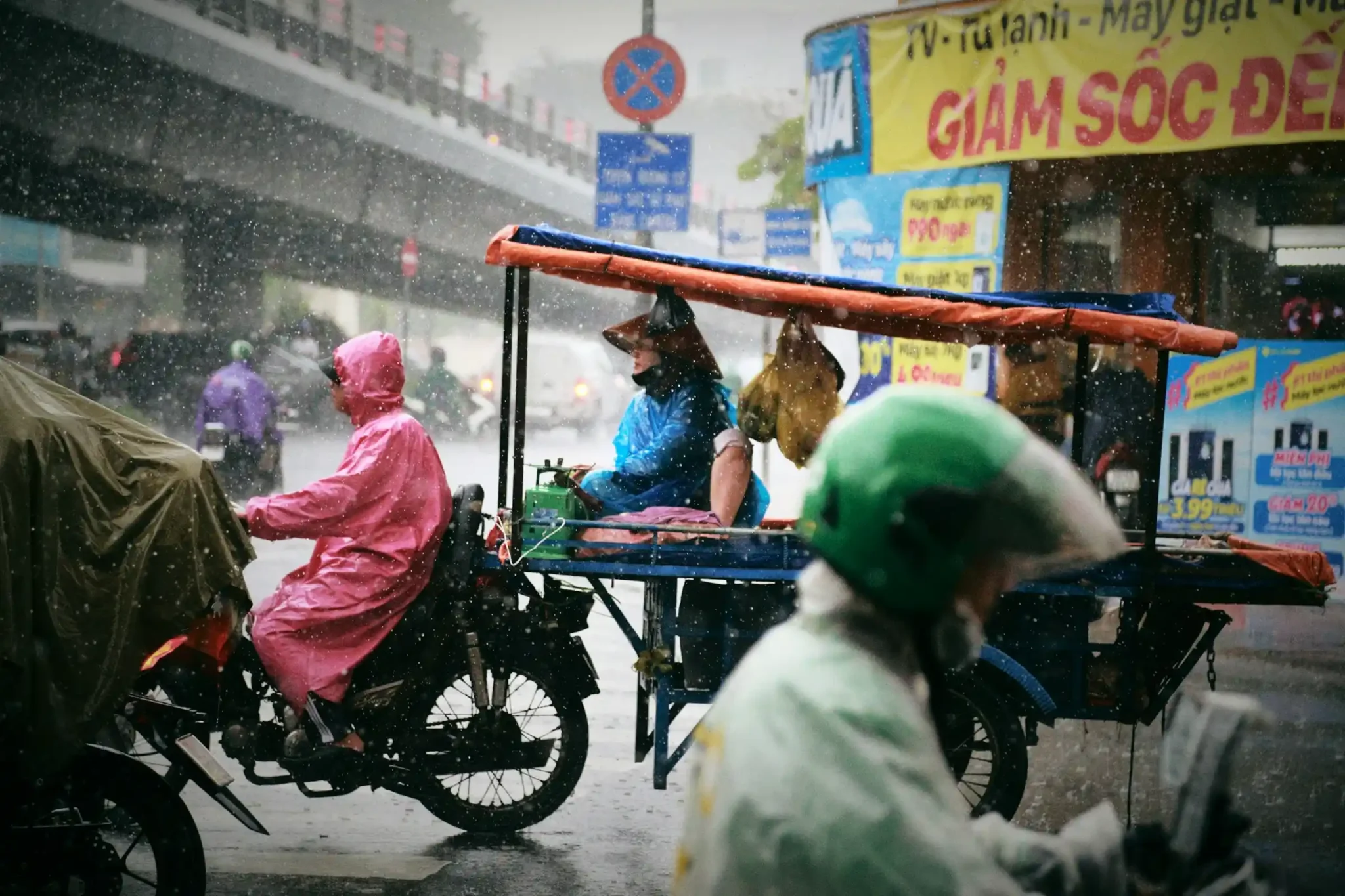 Monsoon rain over rice paddies in northern Vietnam during the wet season