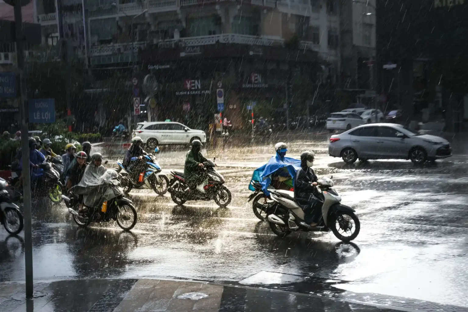 Rain-soaked streets in Hoi An old town during the central Vietnam monsoon season