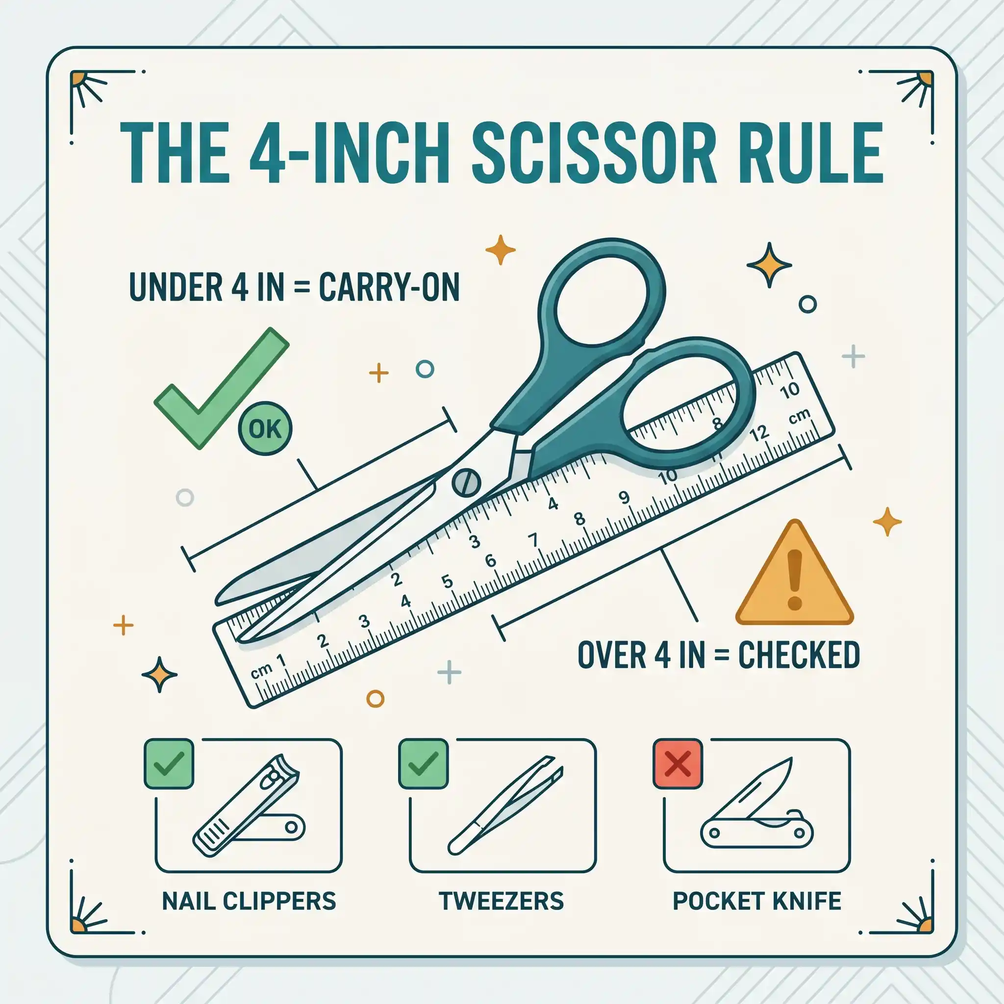 Infographic explaining the TSA 4-inch scissor blade rule for carry-on bags
