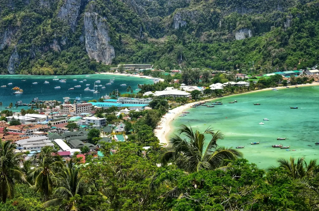 View from the Phi Phi Viewpoint over the twin bays and village of Phi Phi Don
