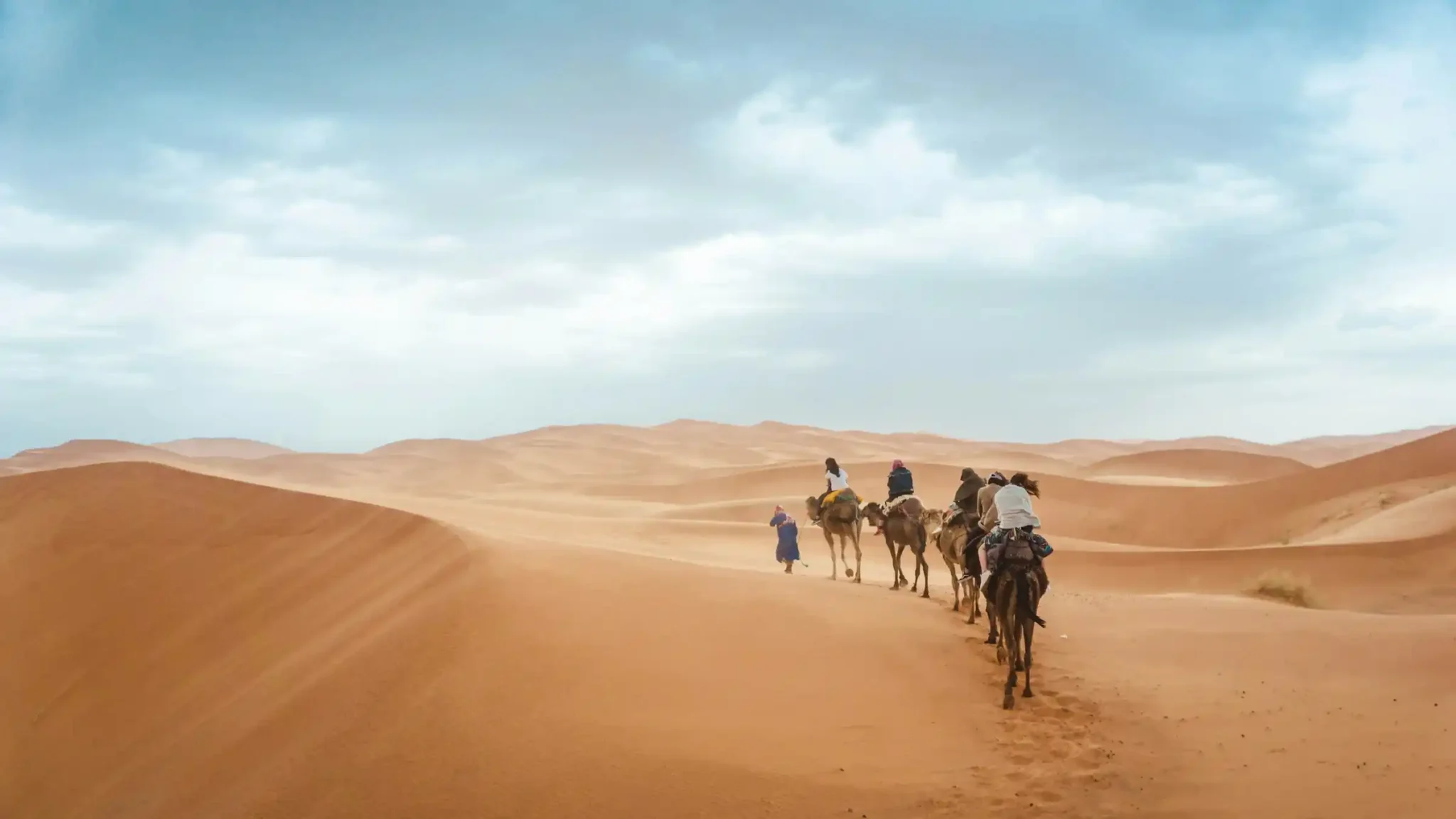 Camel caravan crossing the Sahara desert dunes near Merzouga on a tour from Marrakech