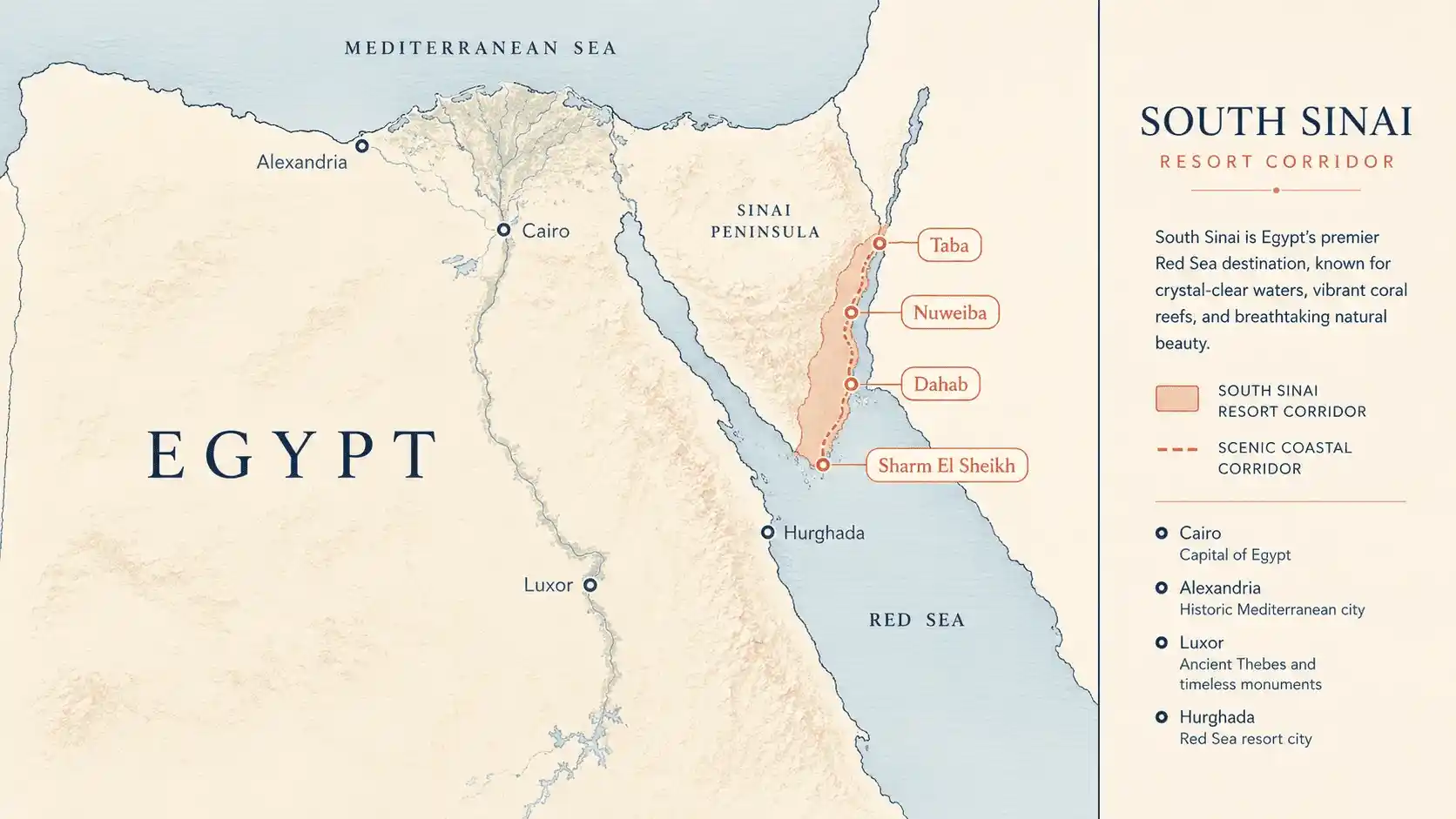 Map showing Sharm El Sheikh, Dahab, Nuweiba and Taba in South Sinai