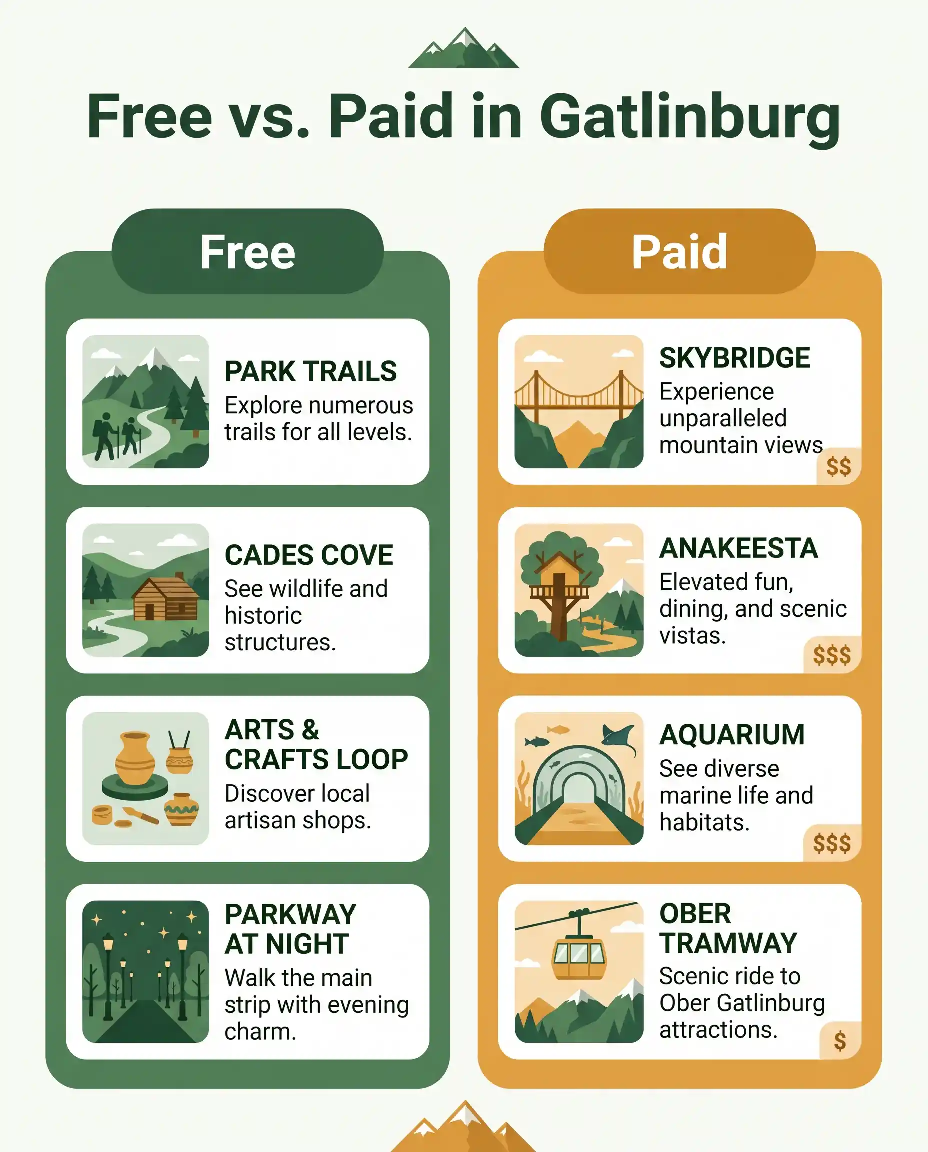 Infographic comparing free things to do in Gatlinburg like park trails and Cades Cove with paid attractions like the SkyBridge, Anakeesta and aquarium