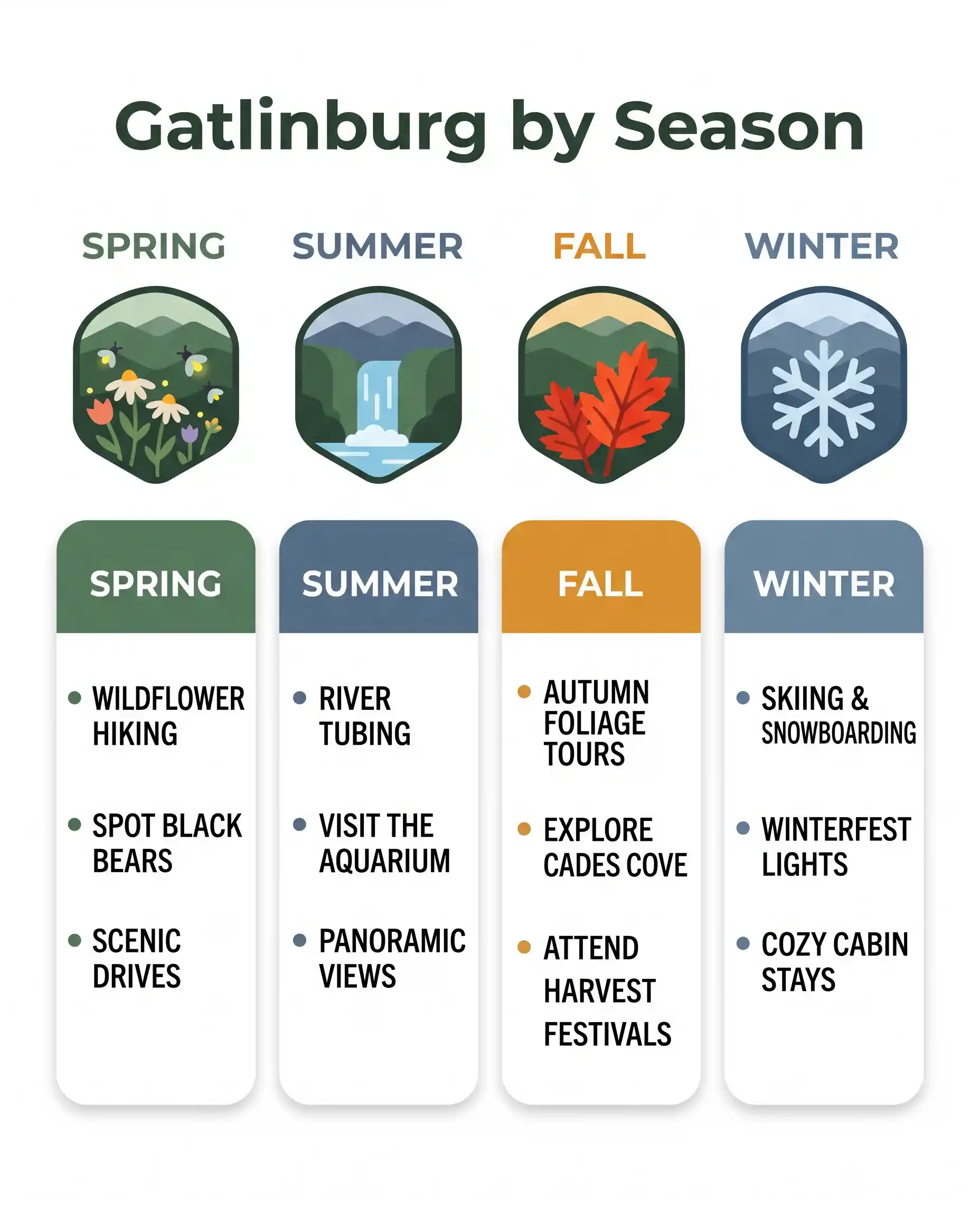 Infographic comparing the best things to do in Gatlinburg by season: spring wildflowers, summer waterfalls, fall foliage and winter skiing