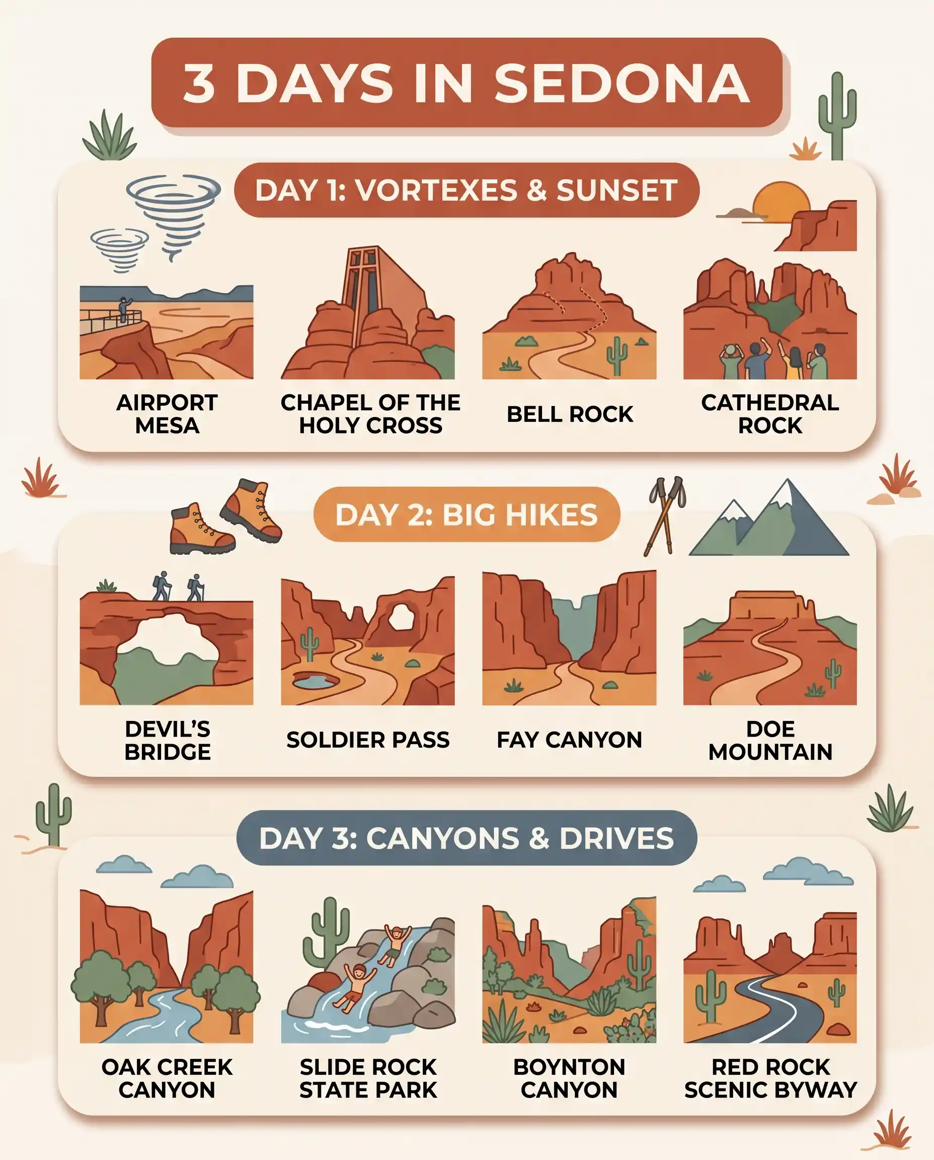 Three-day Sedona itinerary infographic: Day 1 vortexes and sunset, Day 2 big hikes, Day 3 canyons and scenic drives