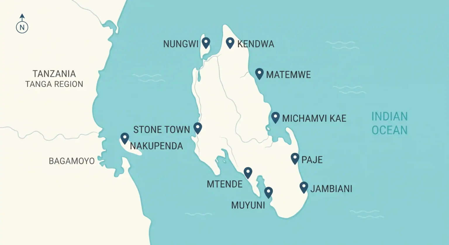 Map of Zanzibar showing the location of the best beaches on the east, north, and west coasts