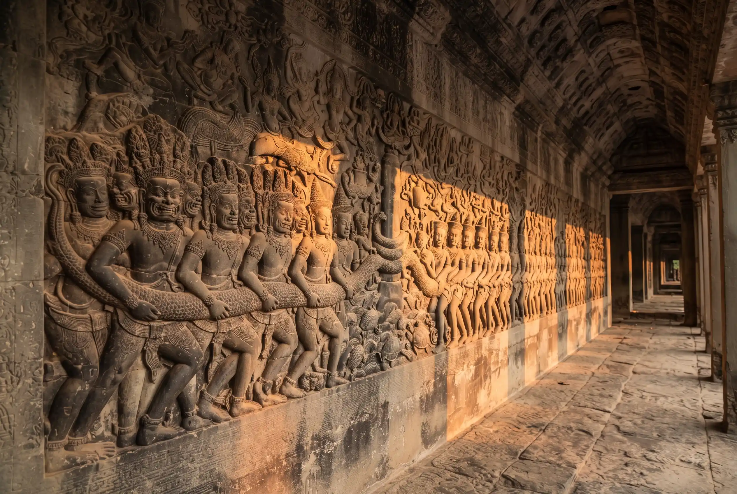 A carved bas relief gallery at Angkor Wat