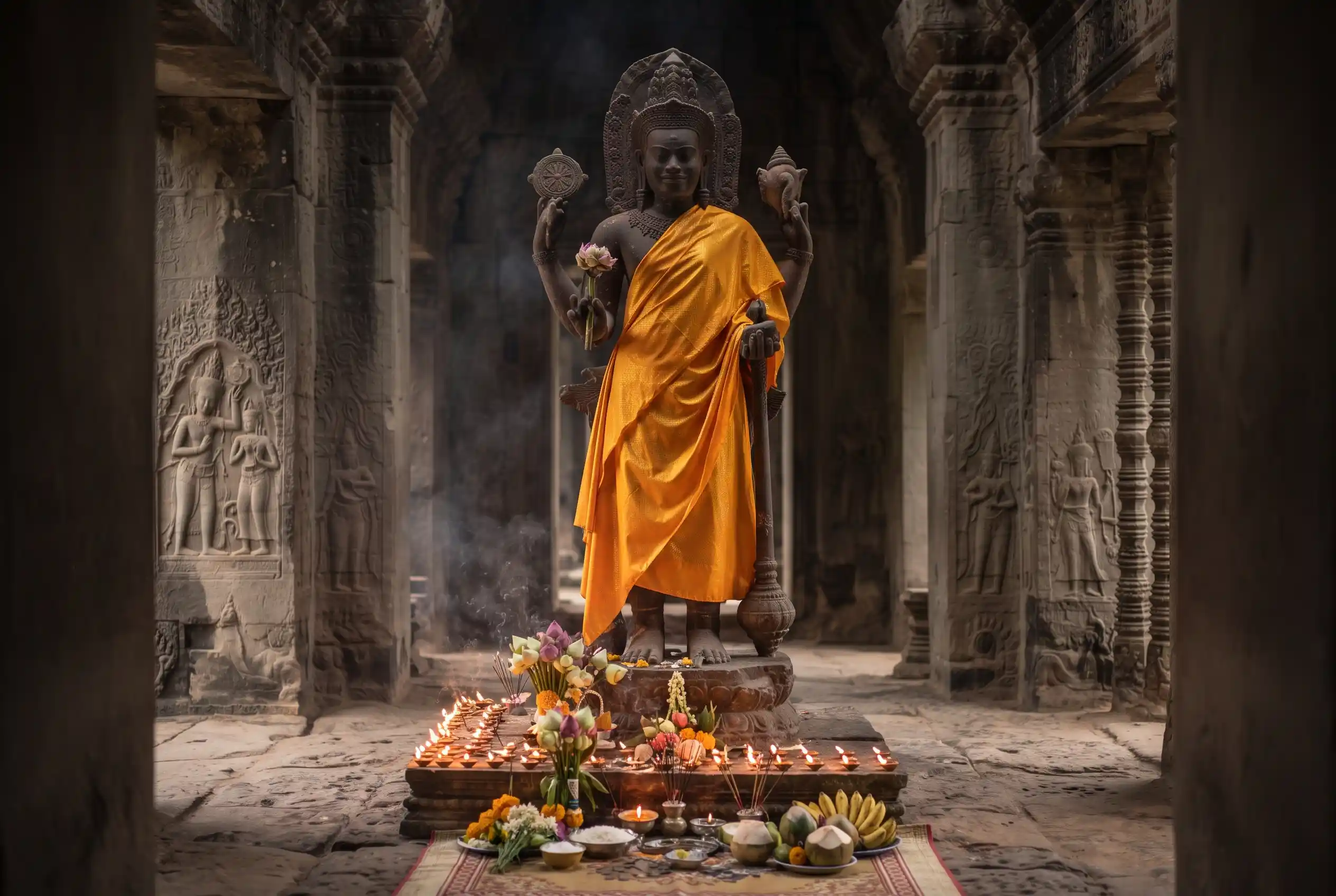 The draped Vishnu statue at the western entrance of Angkor Wat