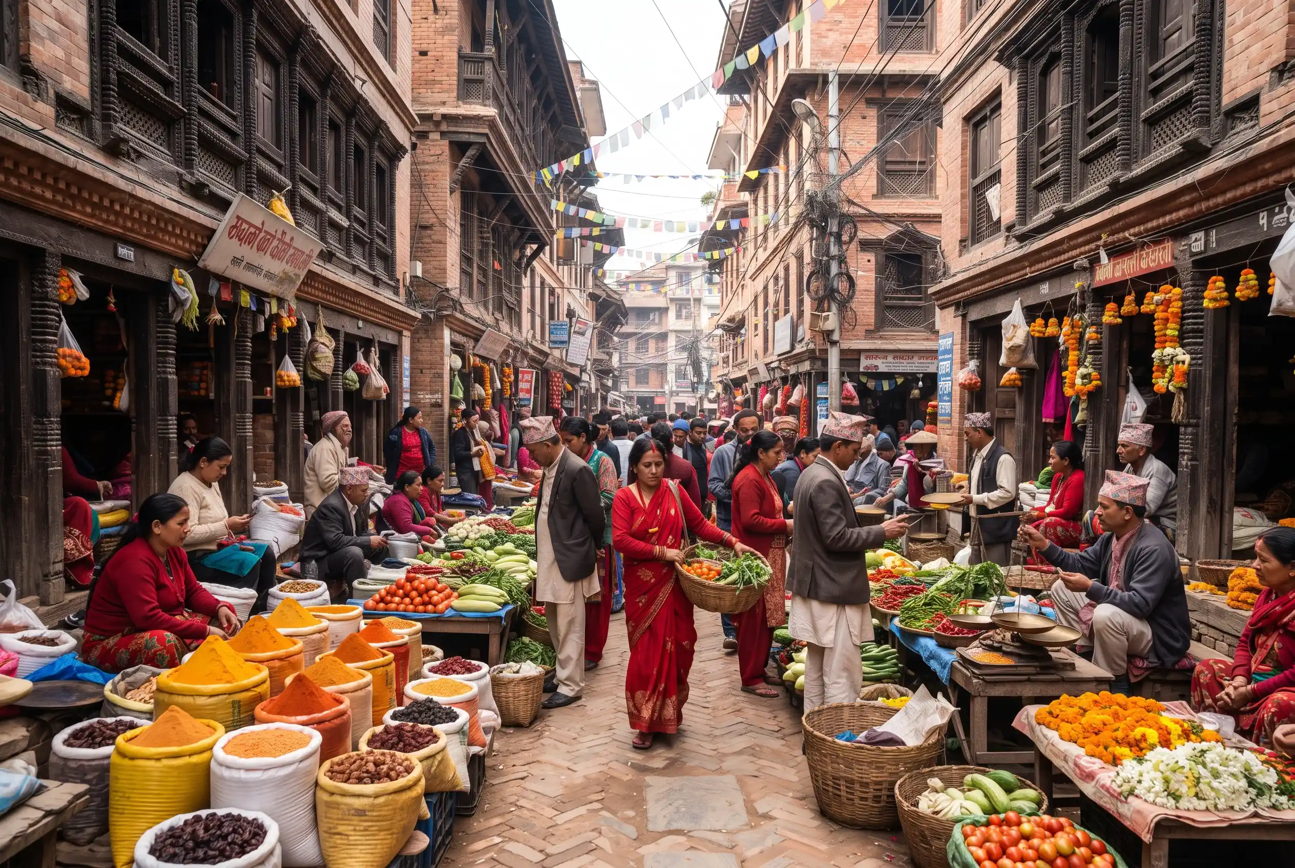 Asan Tole street market with spice vendors in old Kathmandu