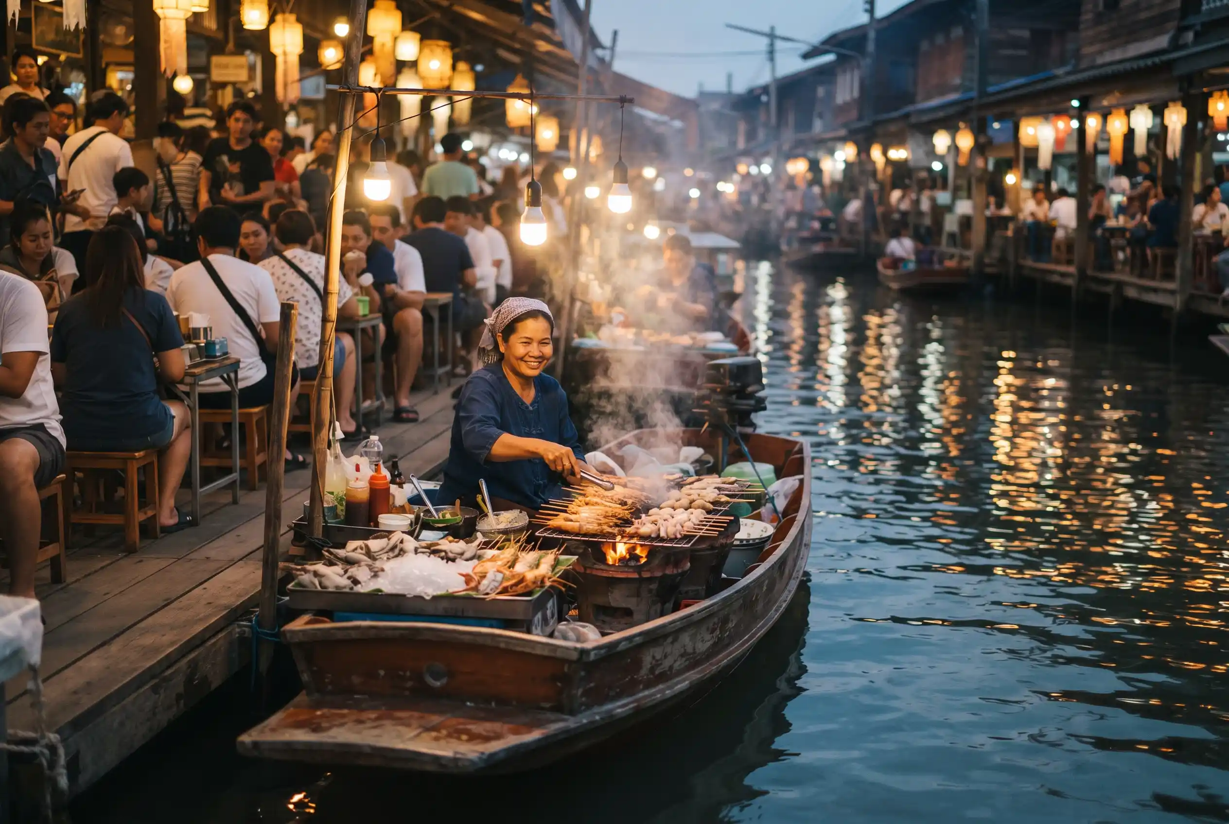 Grilled seafood on a boat at Amphawa floating market in the evening
