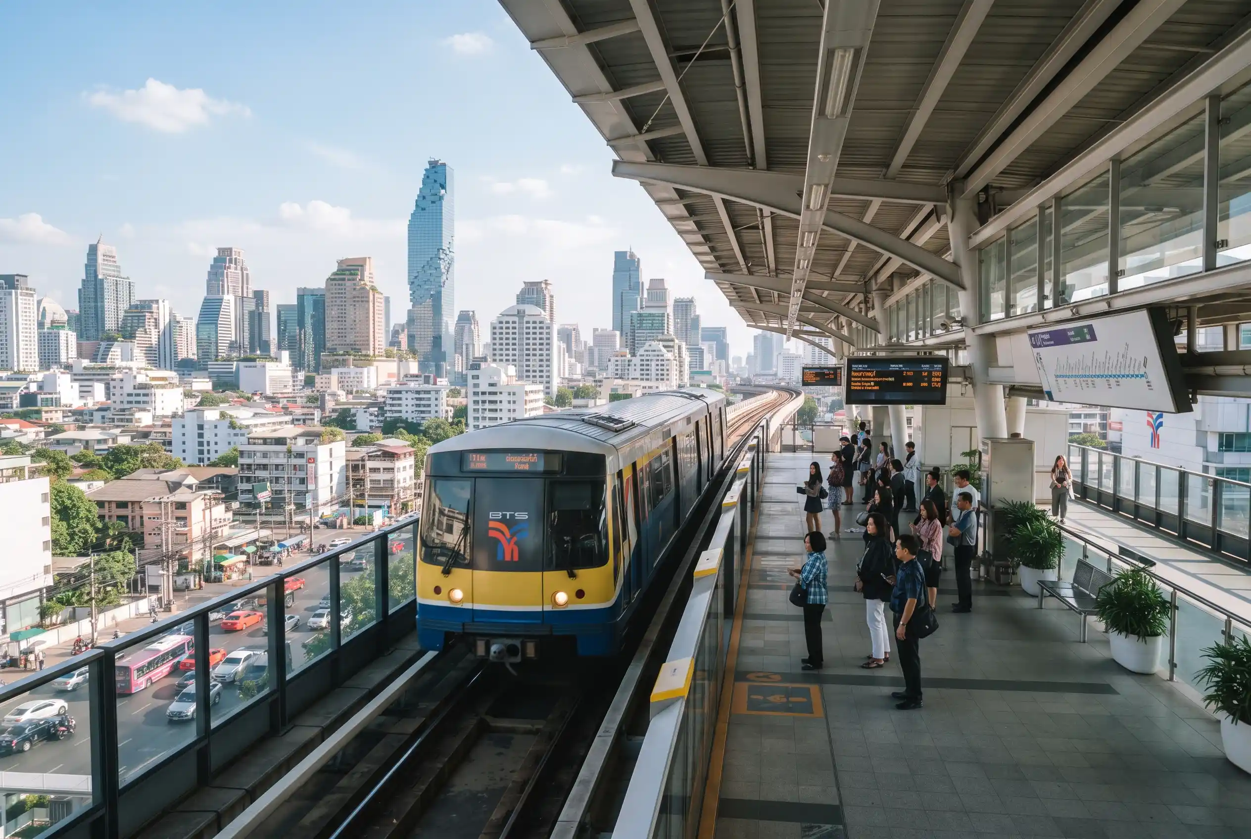 A BTS Skytrain at an elevated station platform in Bangkok