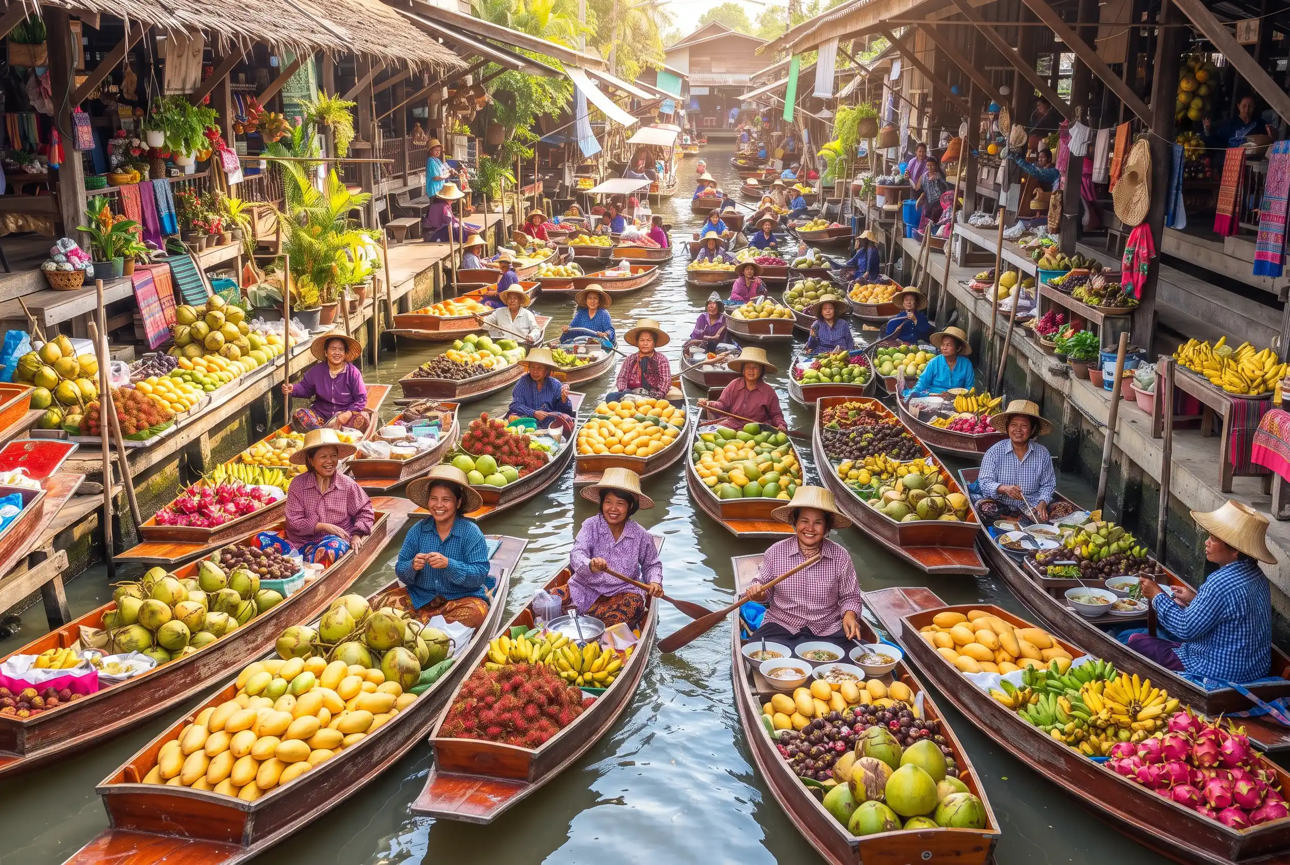 Boats piled with fruit at Damnoen Saduak floating market