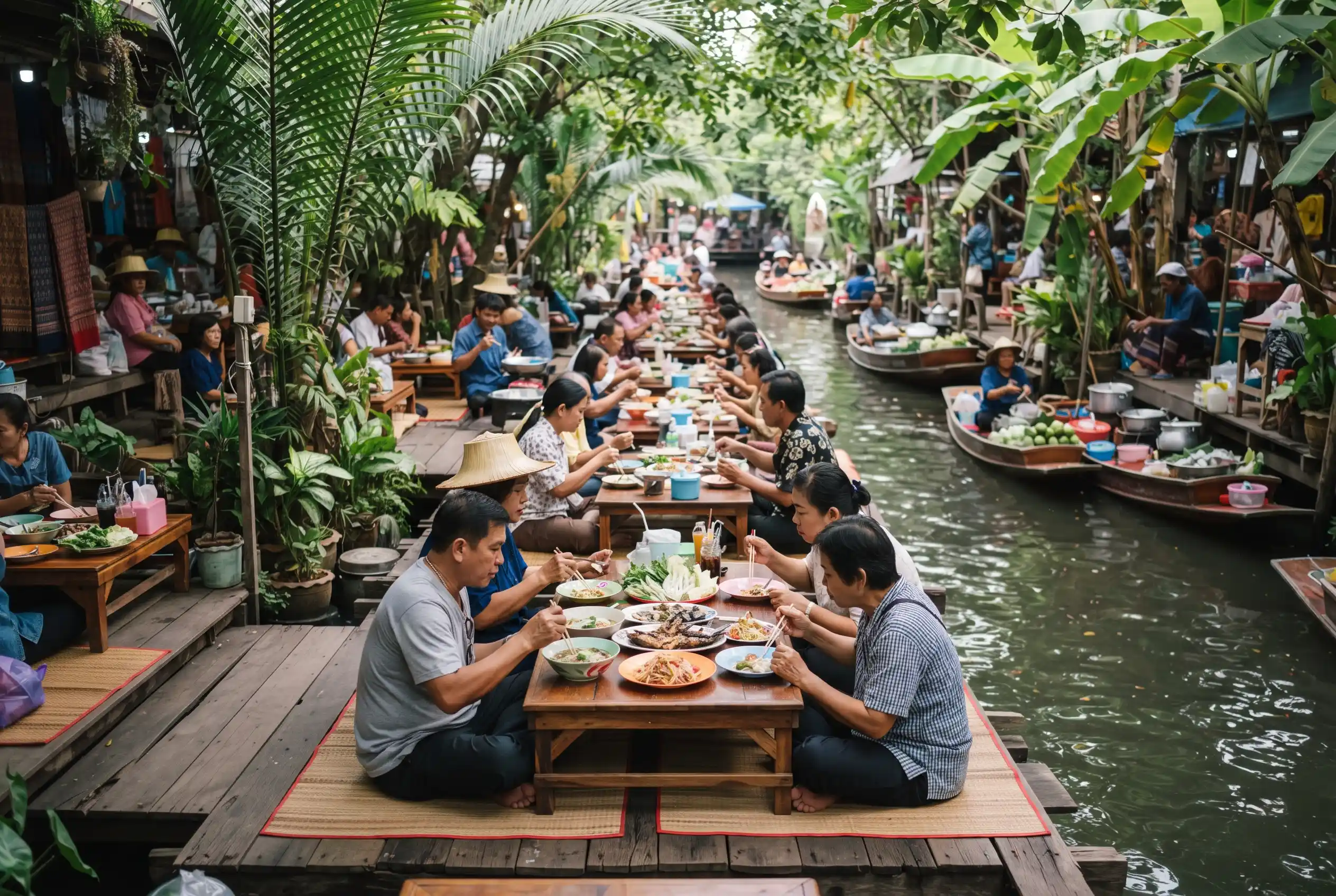 Eating on floating platforms at Taling Chan market near Bangkok
