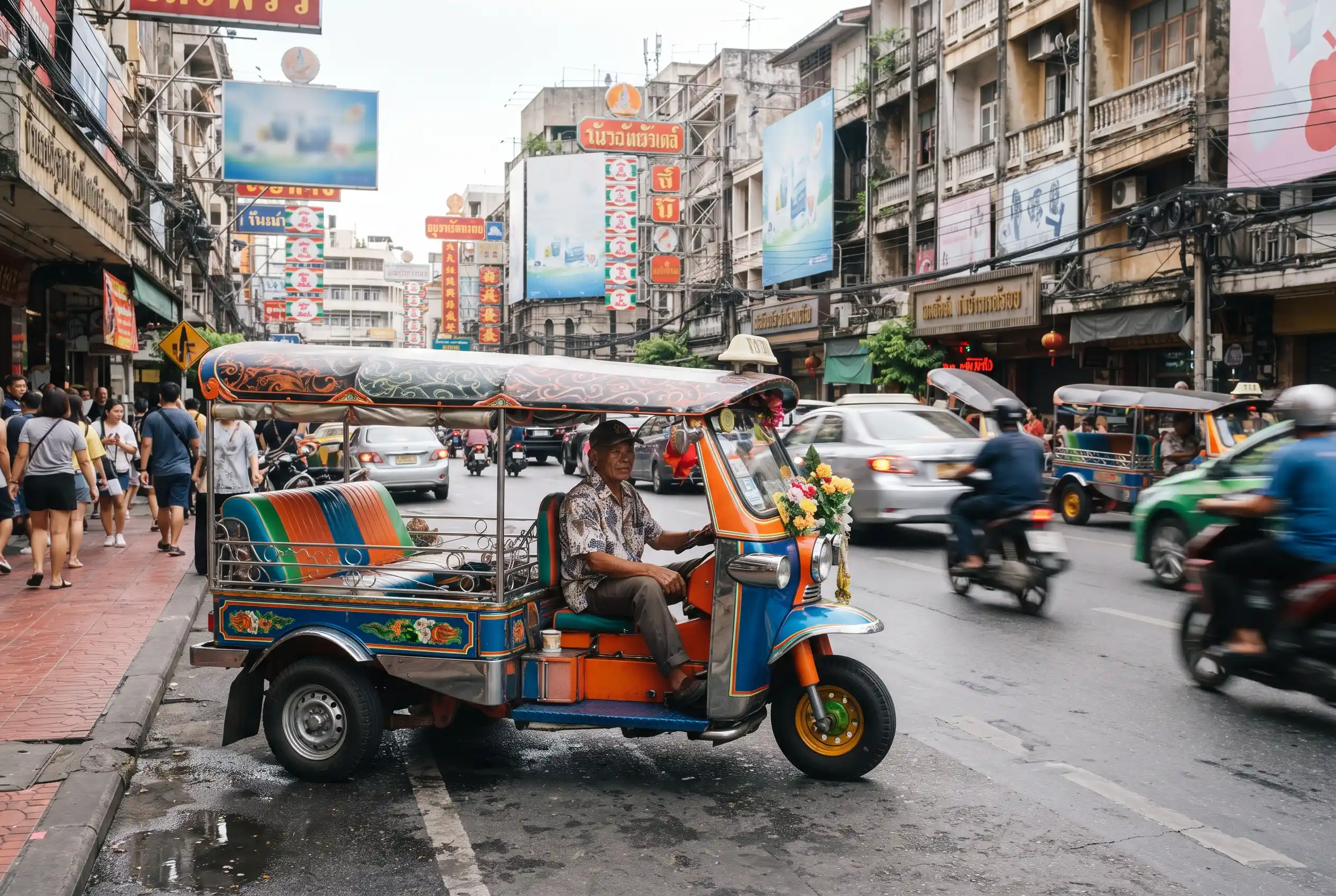 A colourful tuk tuk in a Bangkok street
