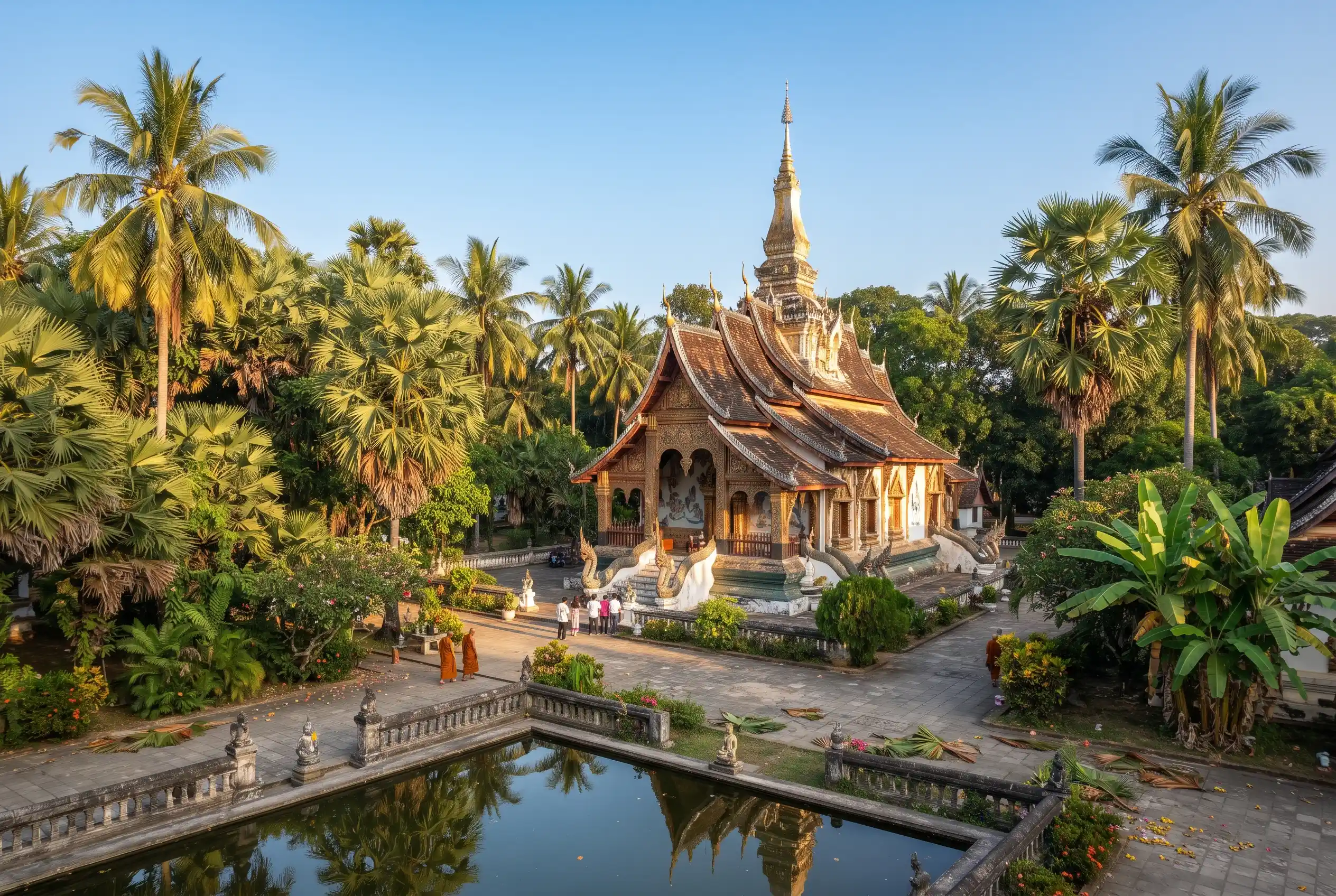 A tropical temple and palm trees under warm clear skies in November