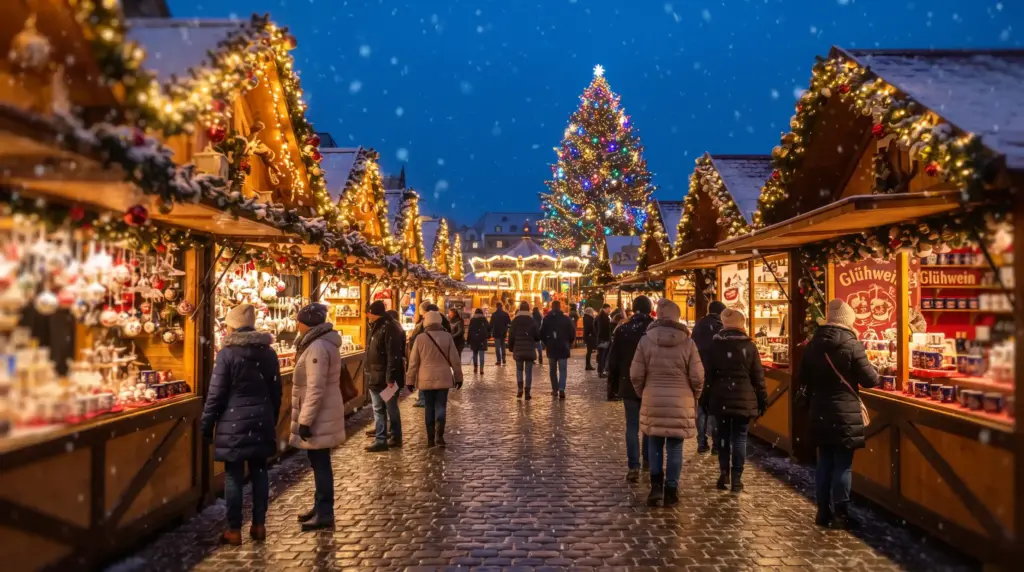 A European Christmas market at dusk with timber stalls, string lights, and light snow
