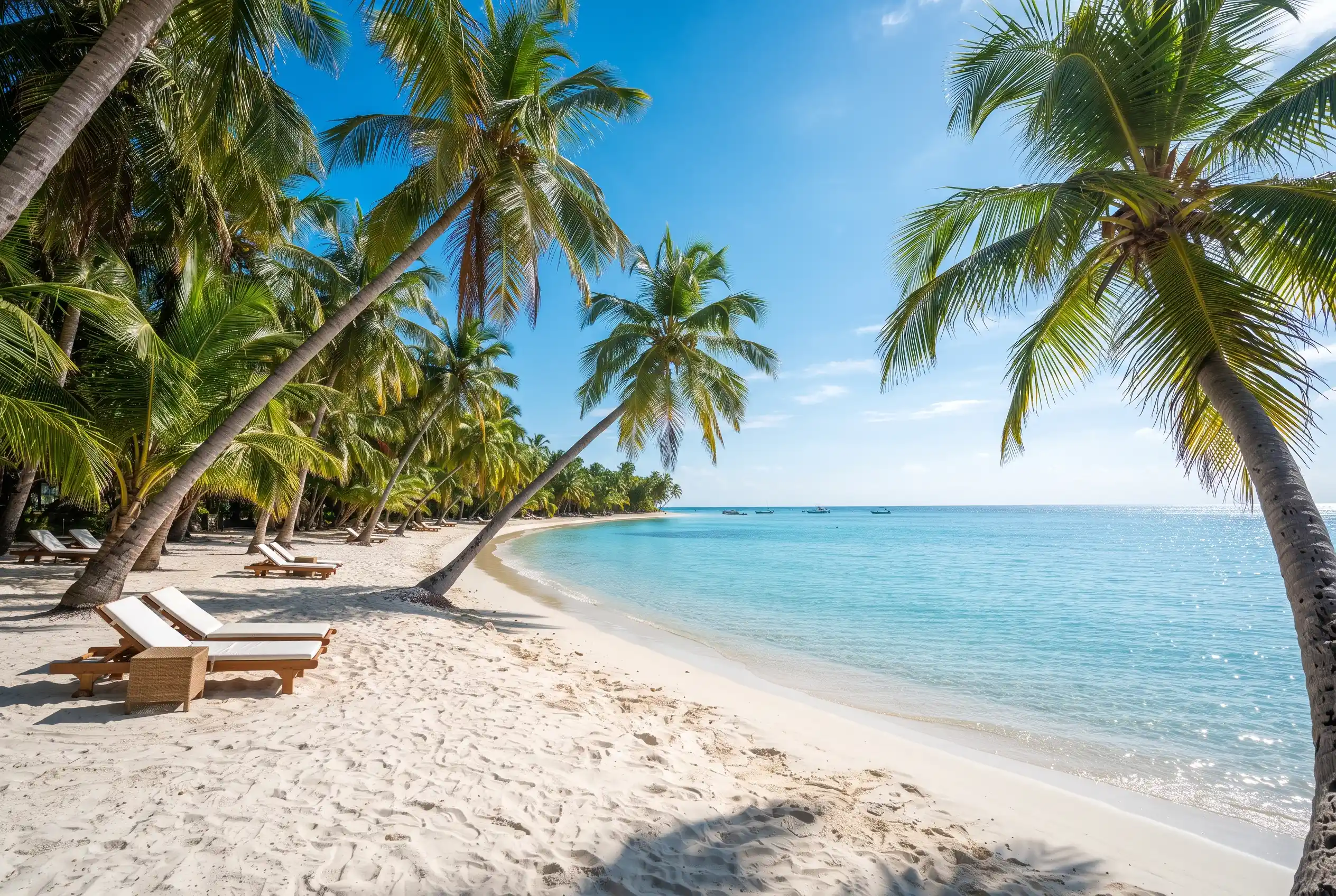 A palm-lined tropical beach with turquoise water under a clear December sky