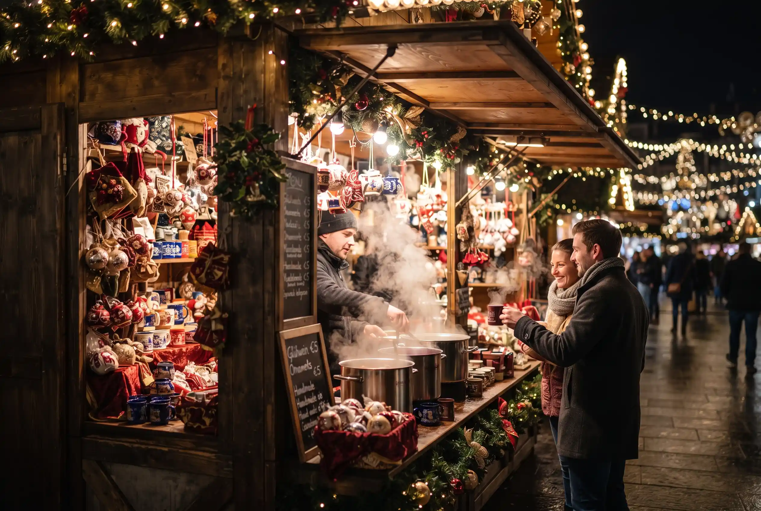 A European Christmas market at dusk with timber stalls and warm string lights