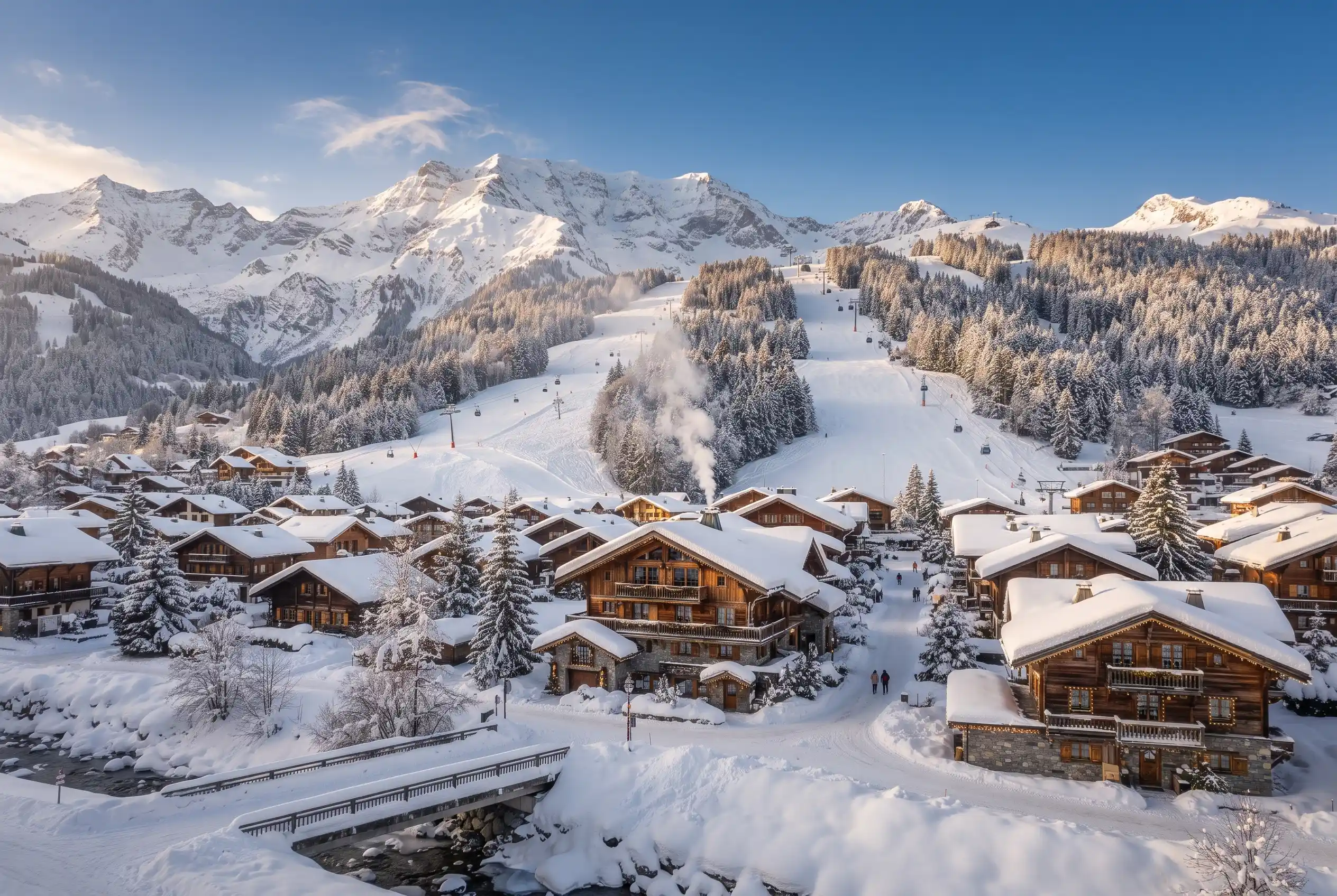 A snow-covered alpine village with ski slopes rising behind it in December