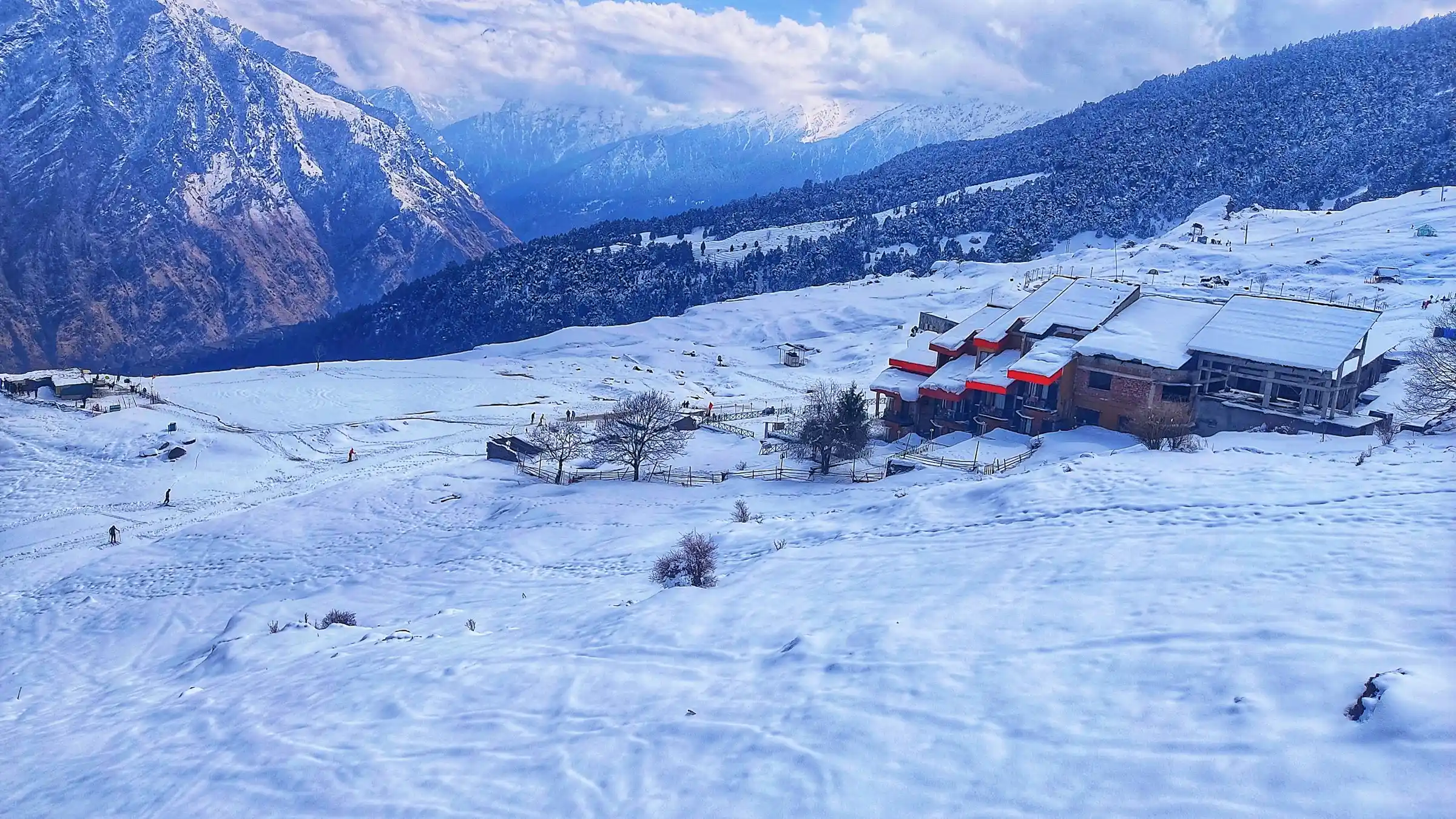 Snow-covered ski slopes at Auli in the Himalayas of Uttarakhand, India
