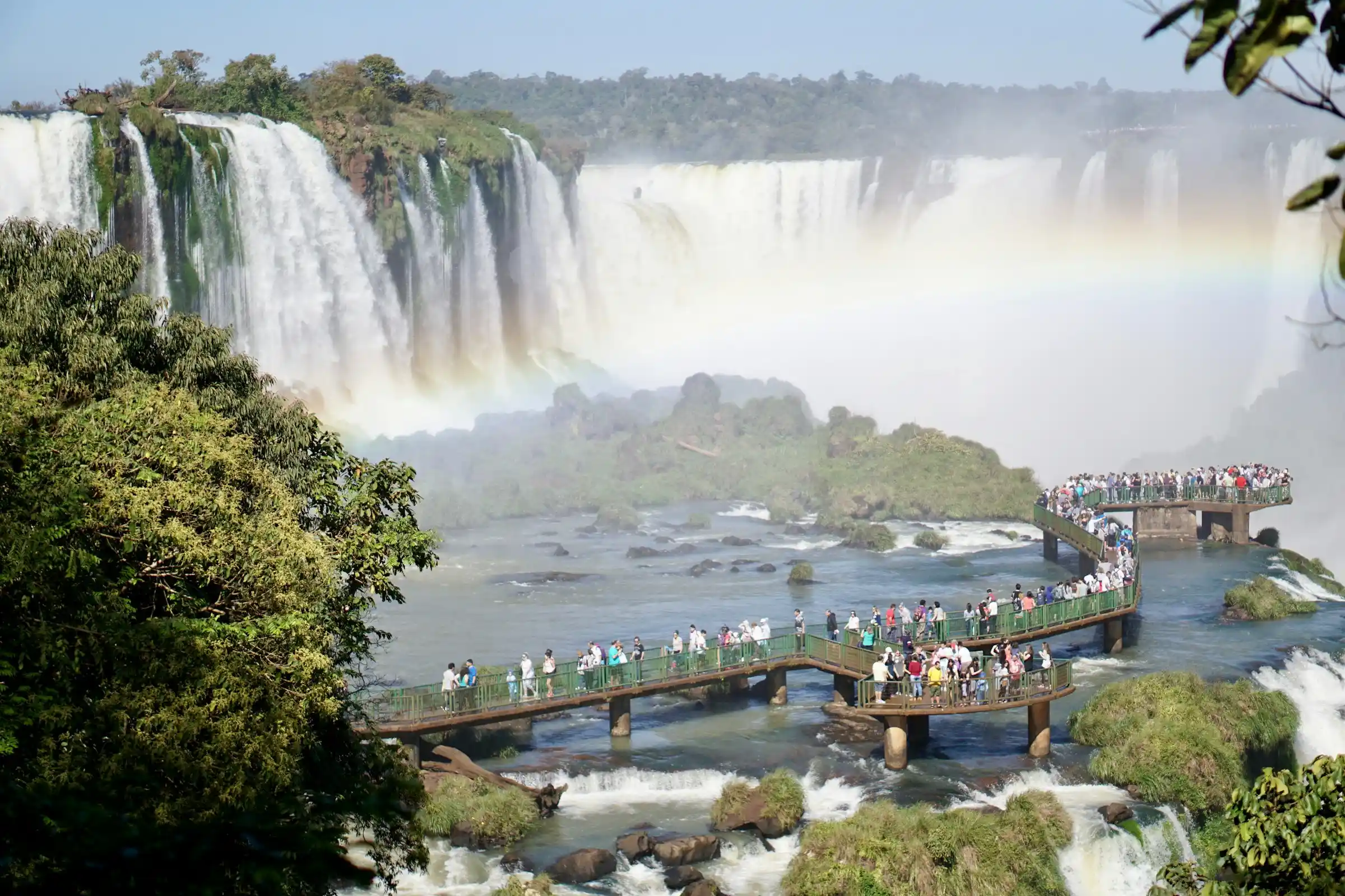 A panoramic view of the full Iguazu Falls system from the Brazilian side