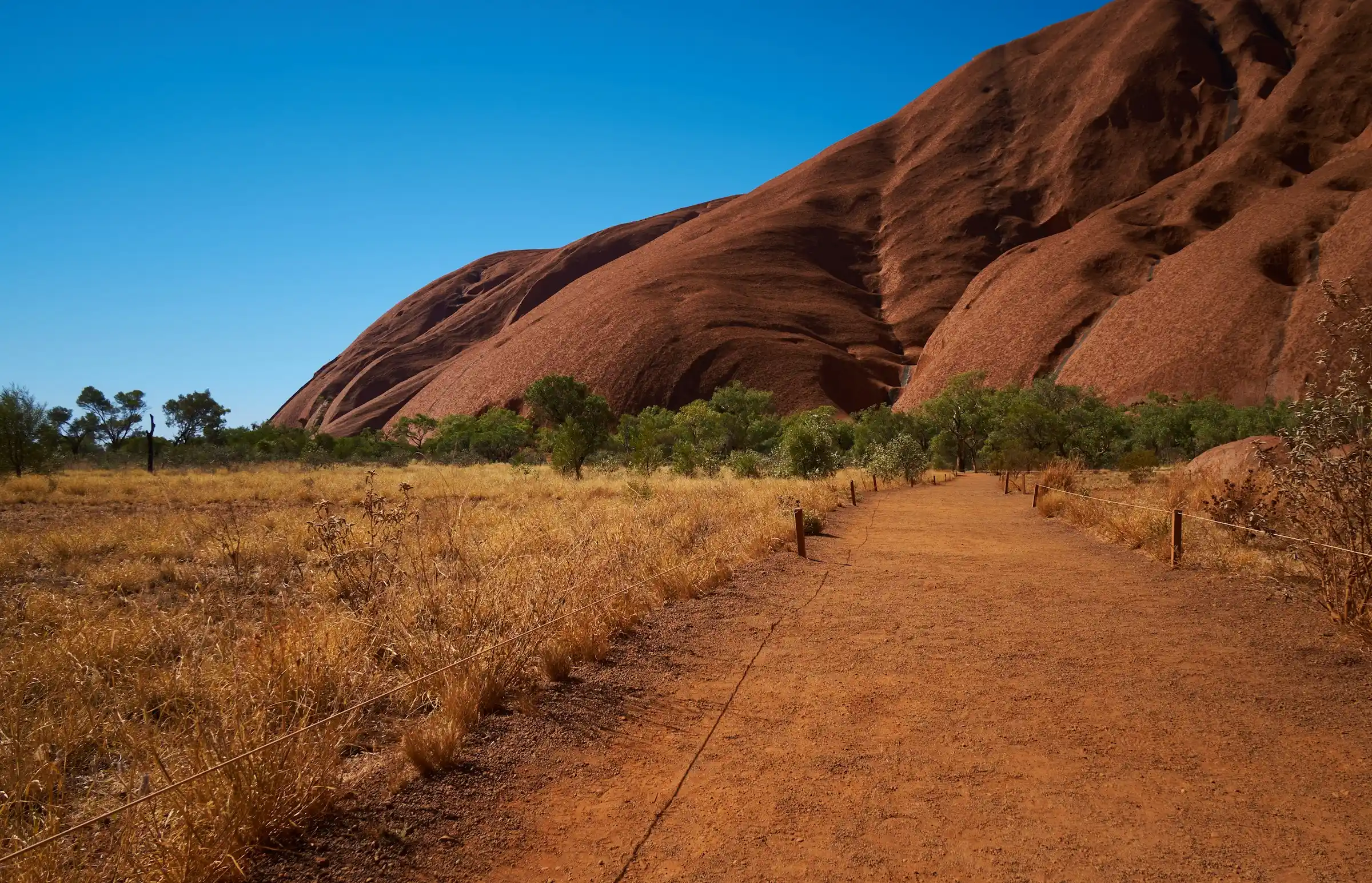 The base walk path running alongside the red rock face of Uluru