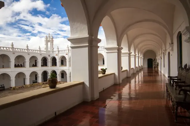 The white colonial architecture of Sucre's historic centre with the cathedral on Plaza 25 de Mayo