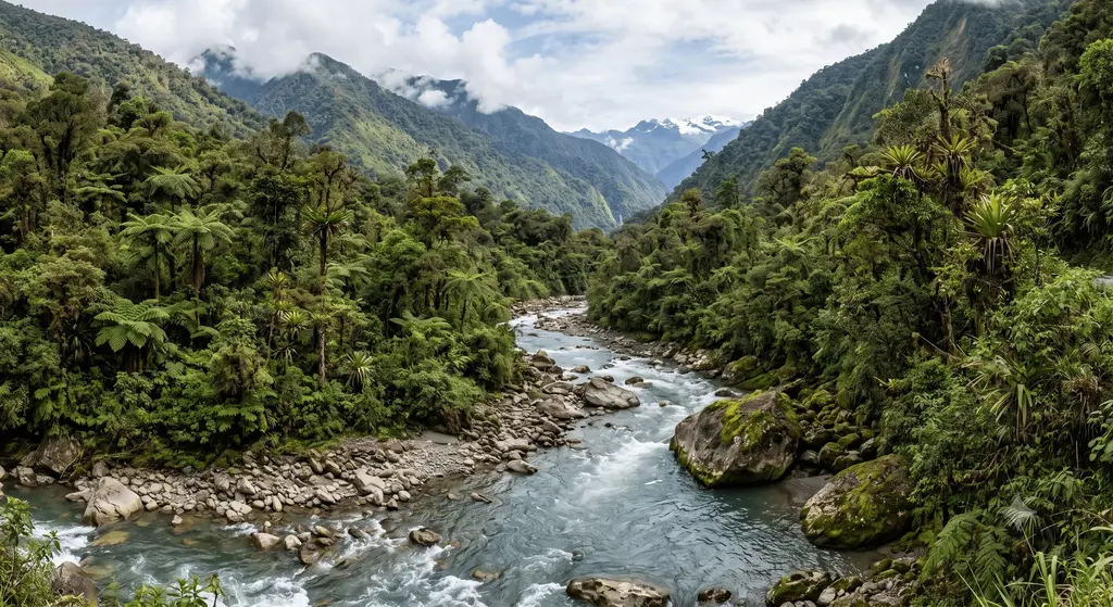 A green river winding through the forested Yungas valley with mist