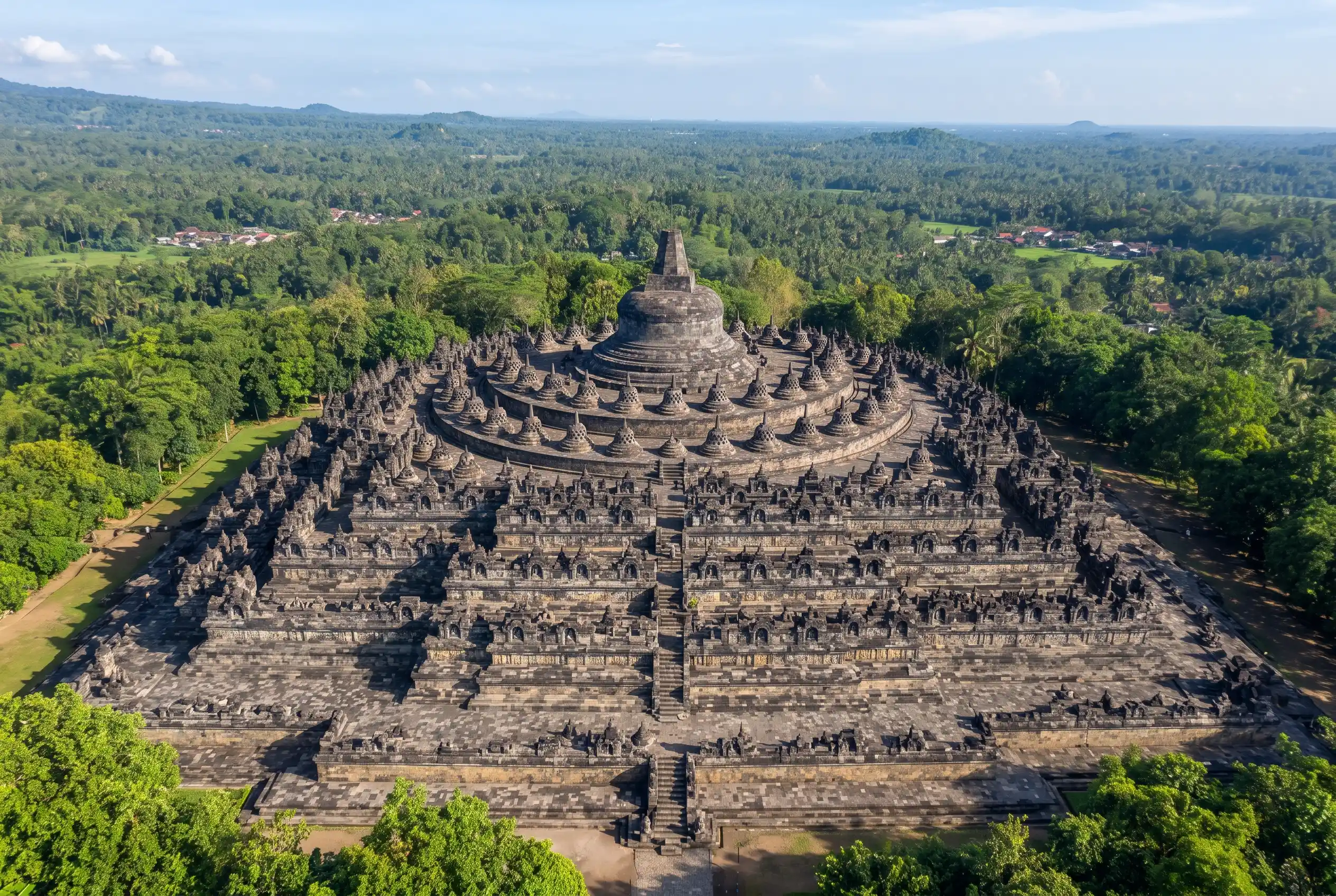 The stepped terraces of Borobudur seen from above