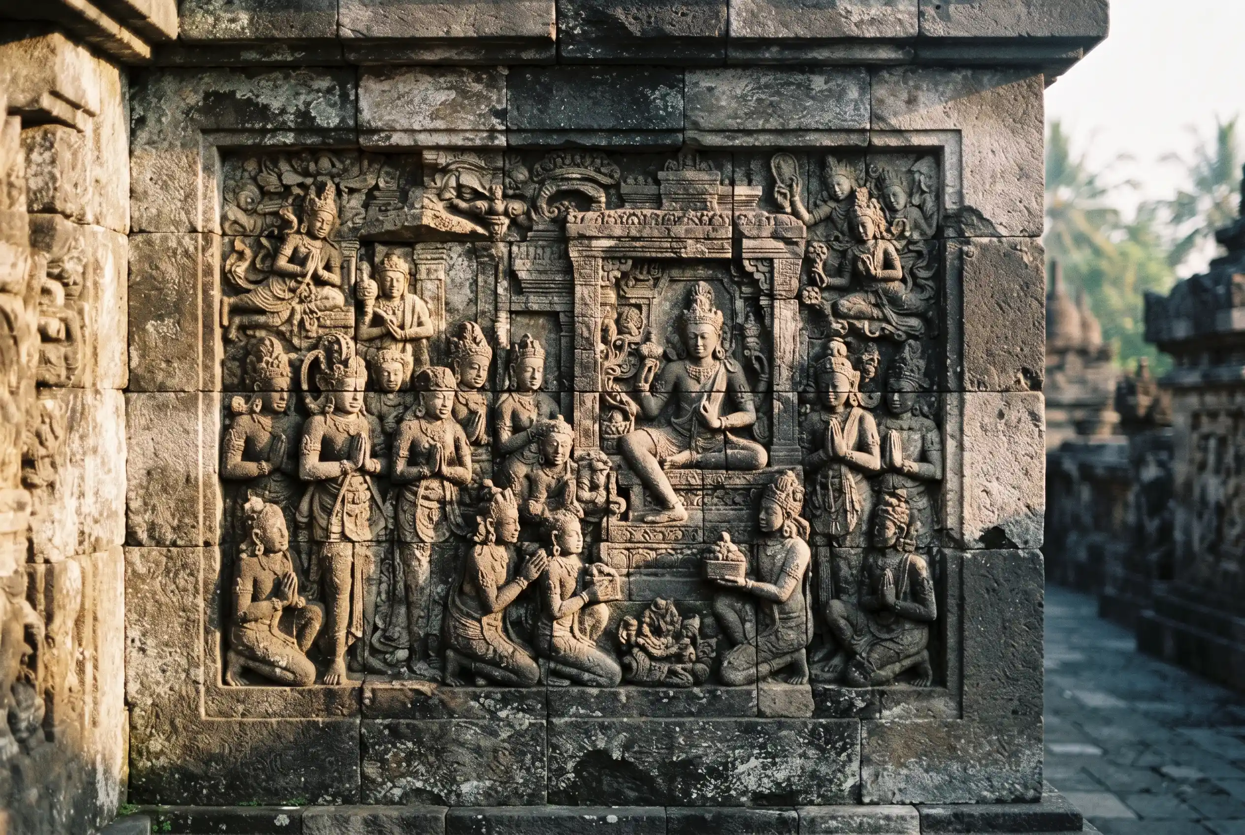 A carved relief panel on a gallery wall of Borobudur
