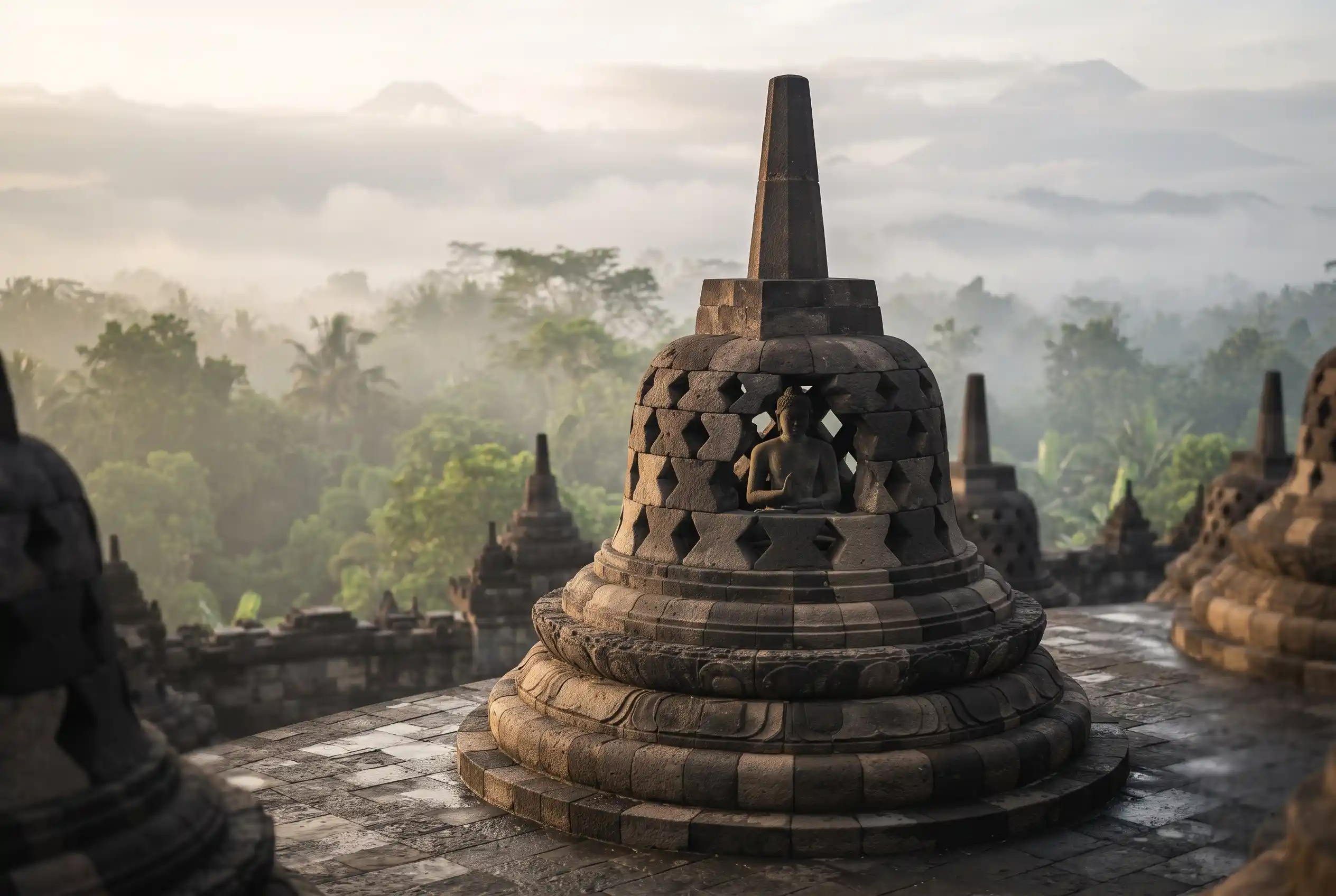 A perforated stupa with a Buddha inside on a Borobudur terrace
