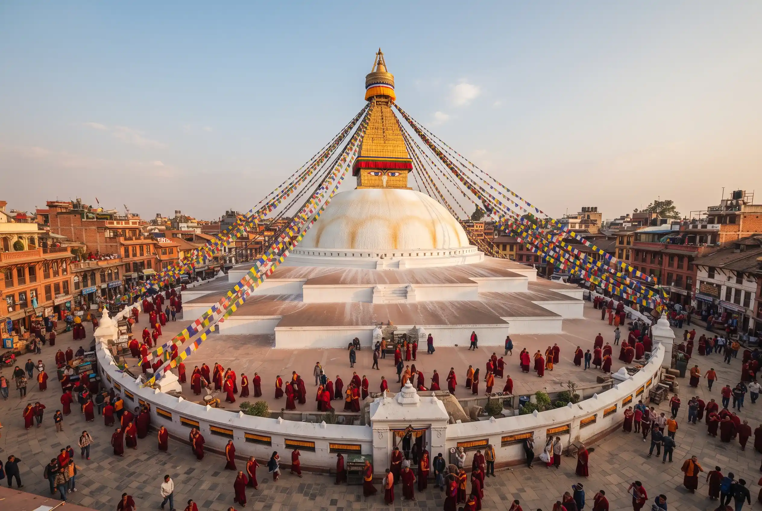Boudhanath Stupa with devotees performing kora in Kathmandu