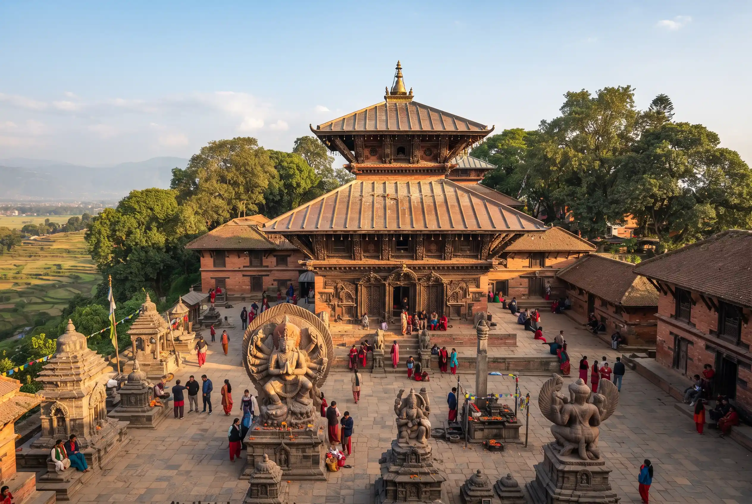 Ancient Changu Narayan Temple with stone sculptures in Bhaktapur