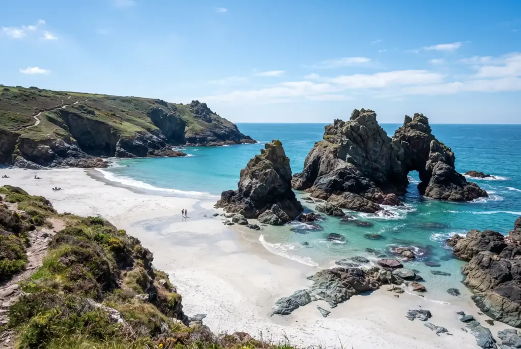 Serpentine rock stacks and turquoise shallows at Kynance Cove on the Lizard