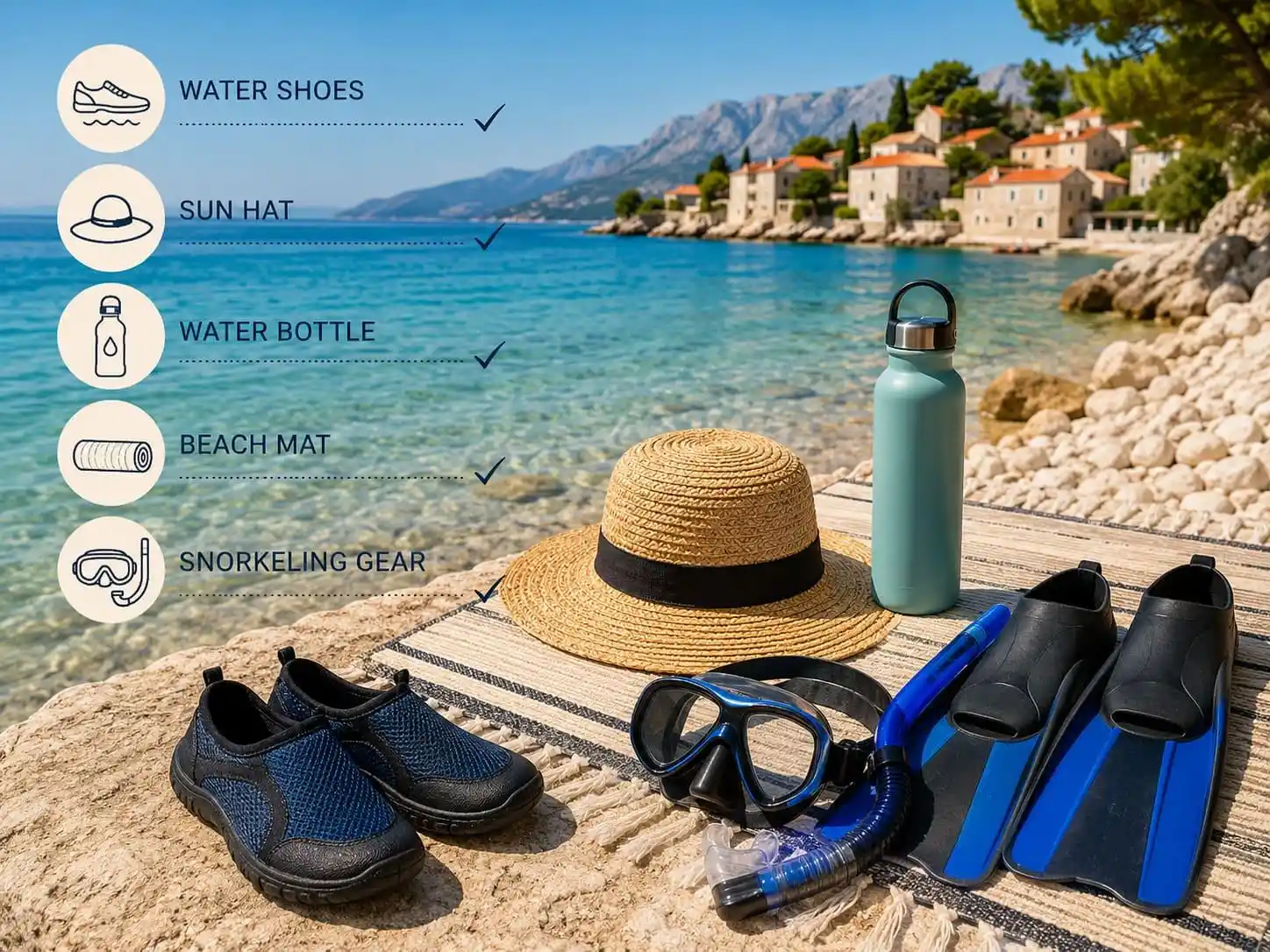 Water shoes, sun hat, reusable bottle, beach mat and snorkeling gear for Croatia
