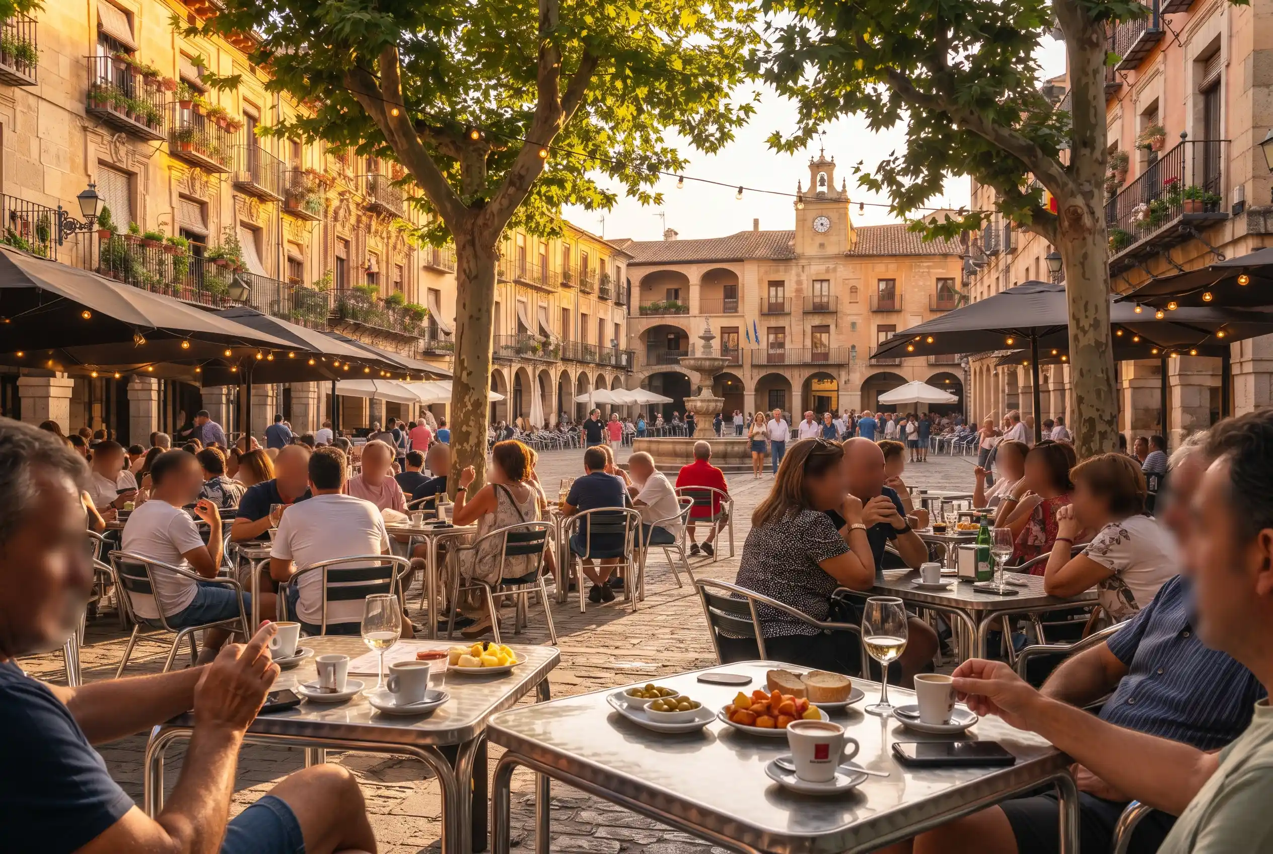 People relaxing at outdoor cafe tables in a sunny Spanish plaza in the late afternoon