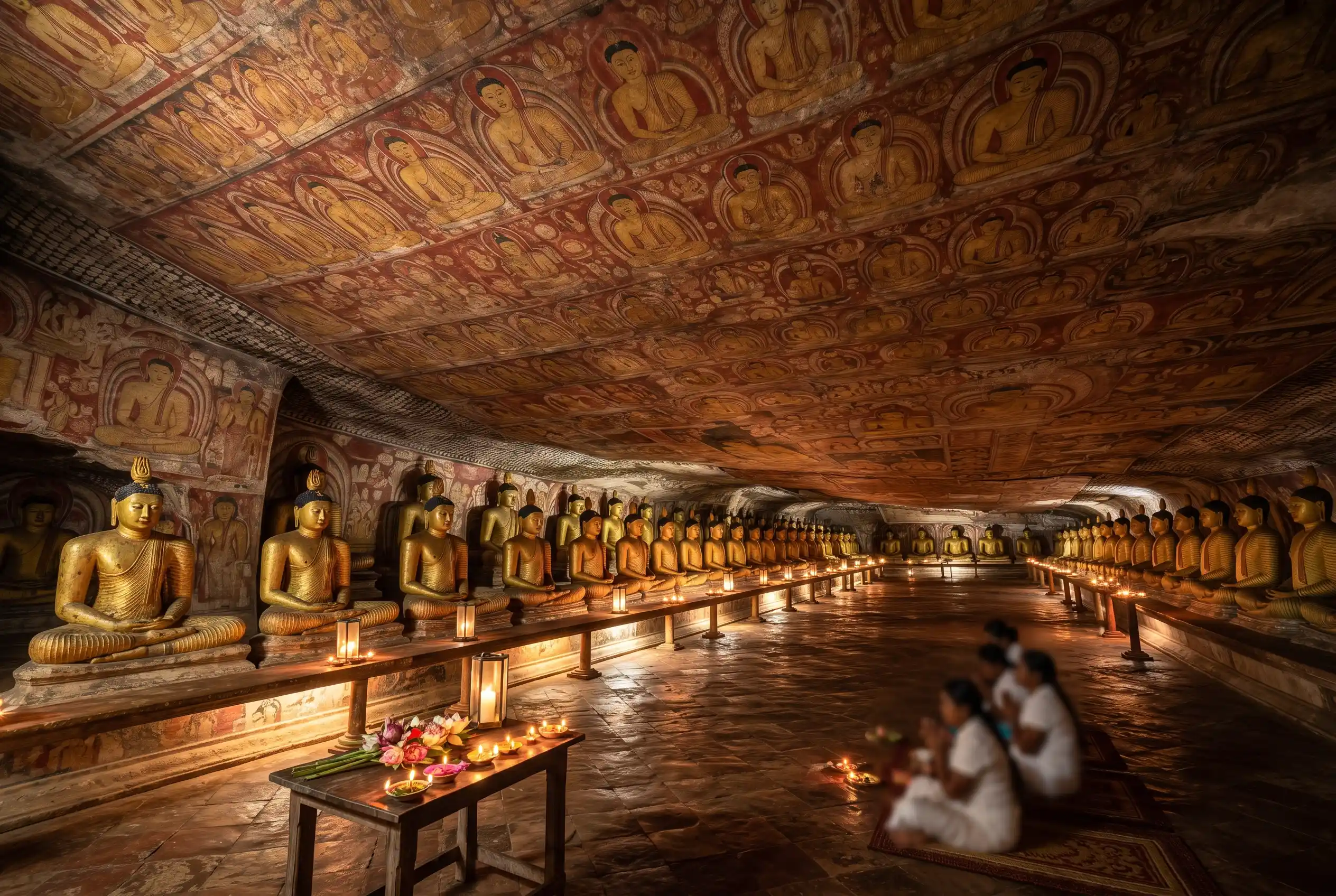 Painted ceiling and rows of Buddha statues inside a Dambulla cave