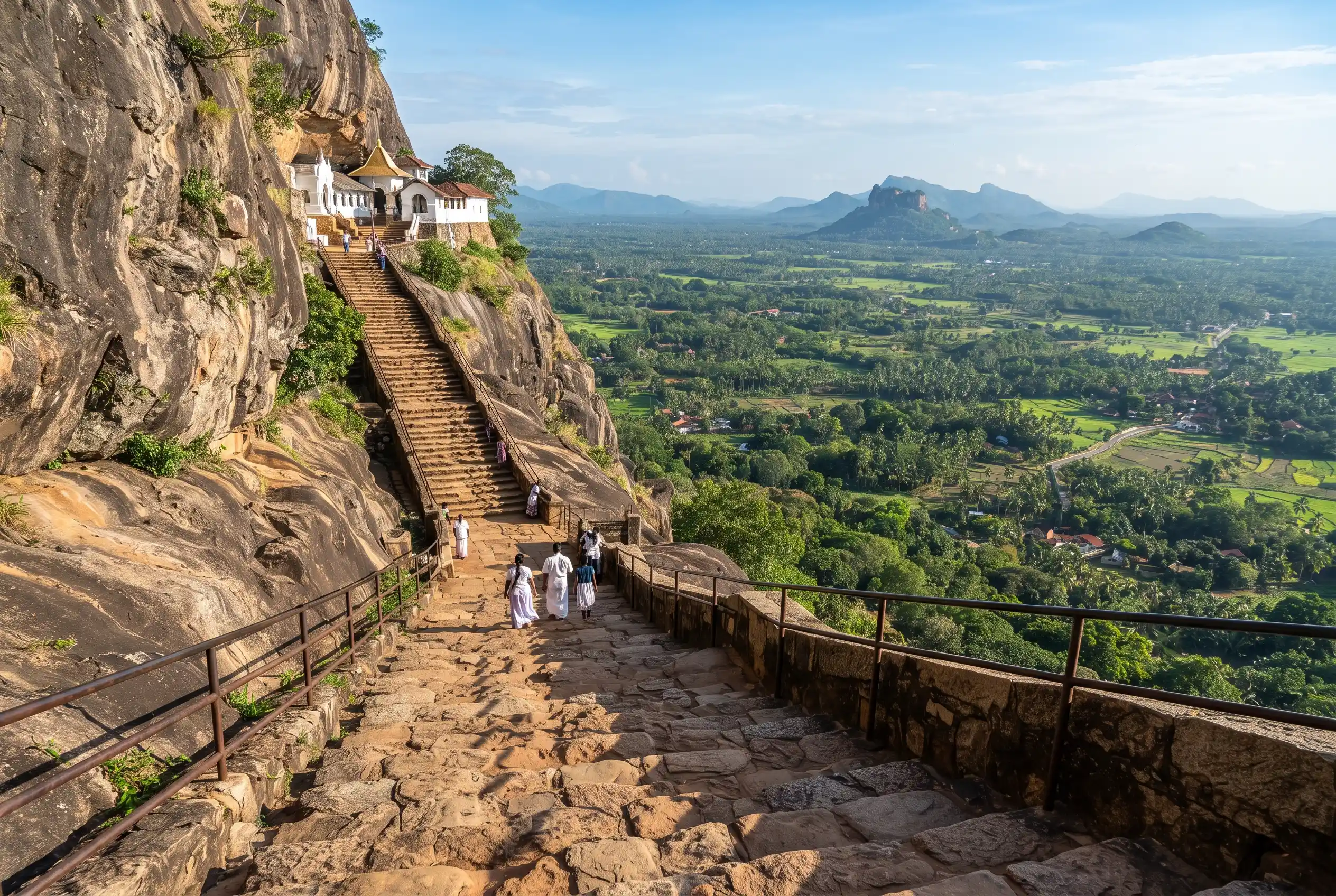The stepped path climbing the Dambulla rock with views over the plain