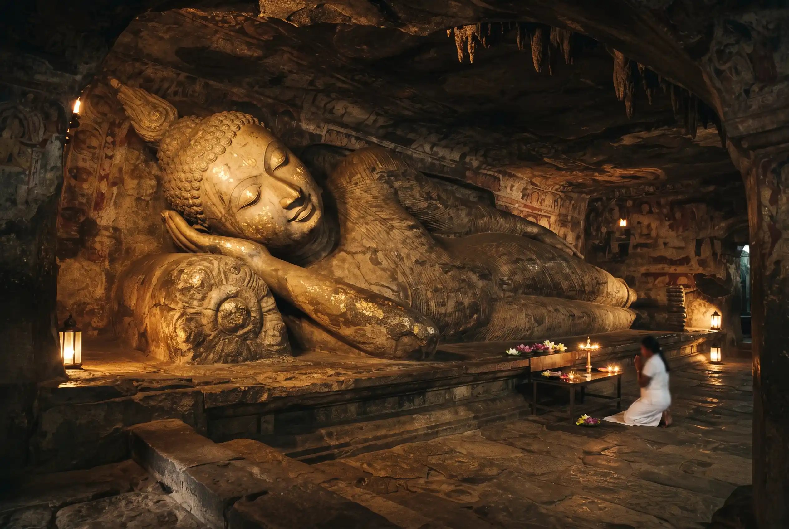 A large reclining Buddha carved from rock inside a Dambulla cave