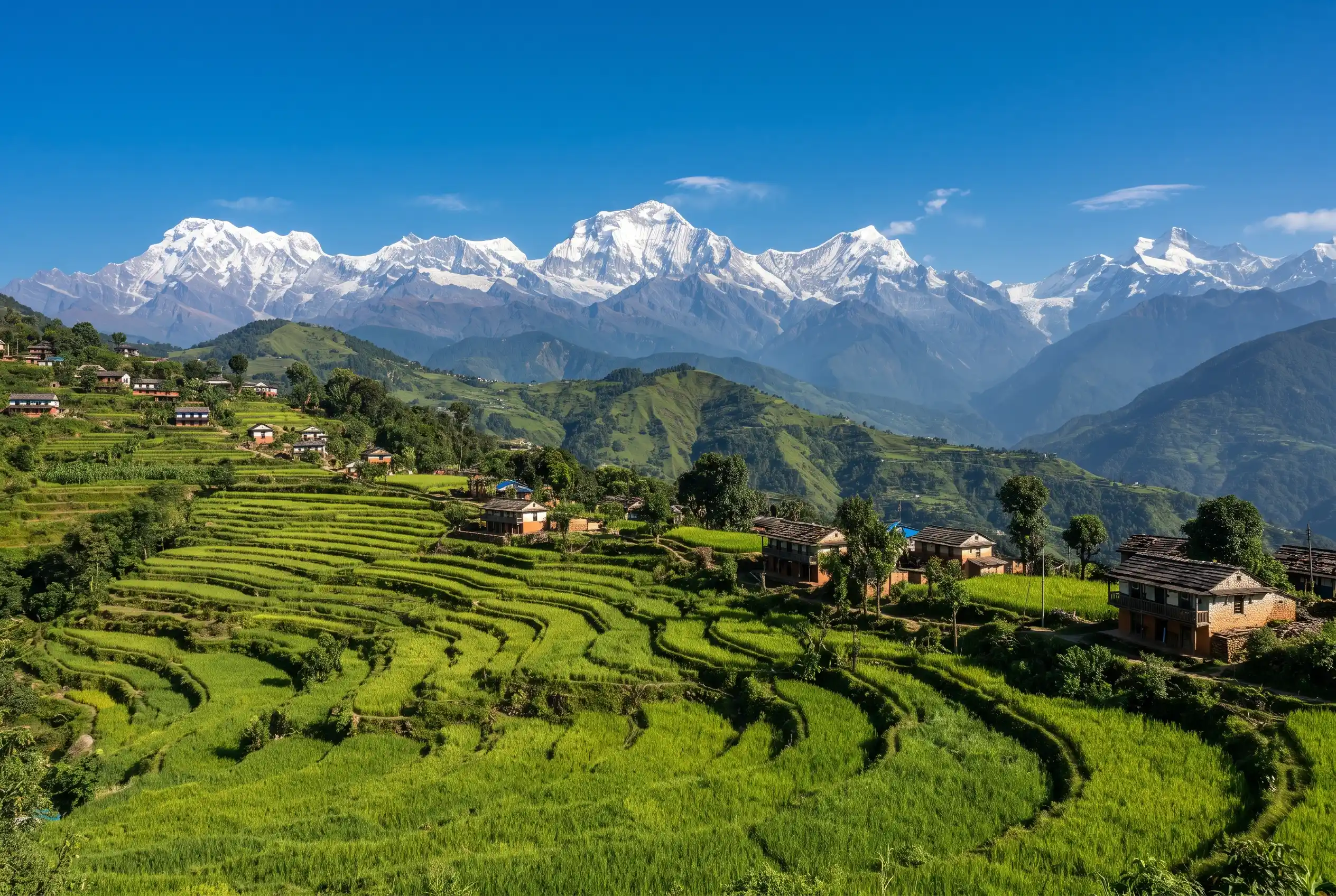 Panoramic Himalayan view from Dhulikhel with terraced rice fields