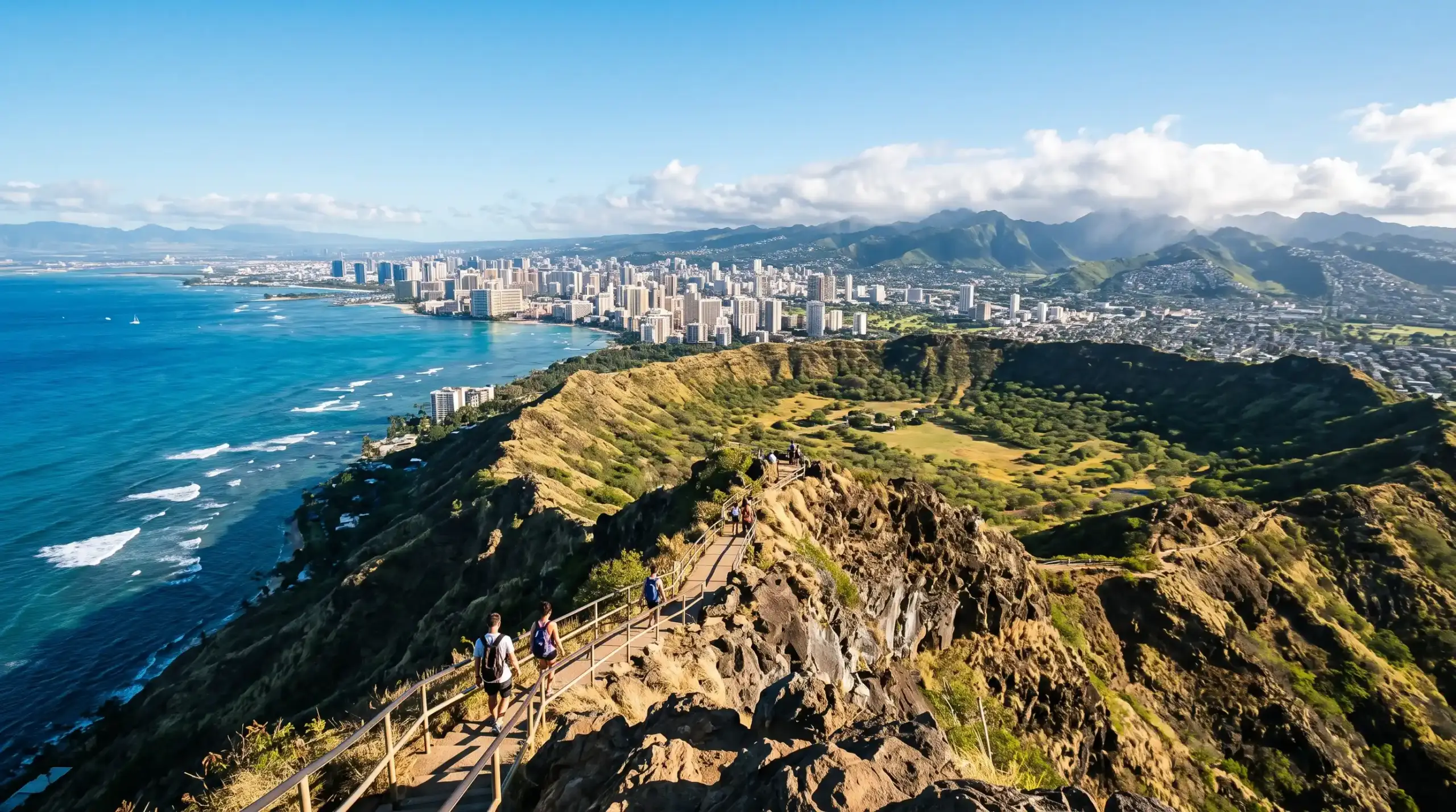 Hikers climbing the Diamond Head crater trail with Honolulu and the ocean in the background
