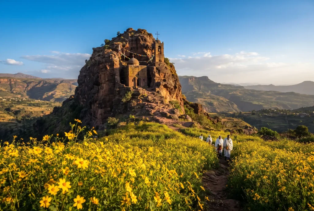 An Ethiopian Orthodox rock church on a highland plateau with yellow Meskel daisies