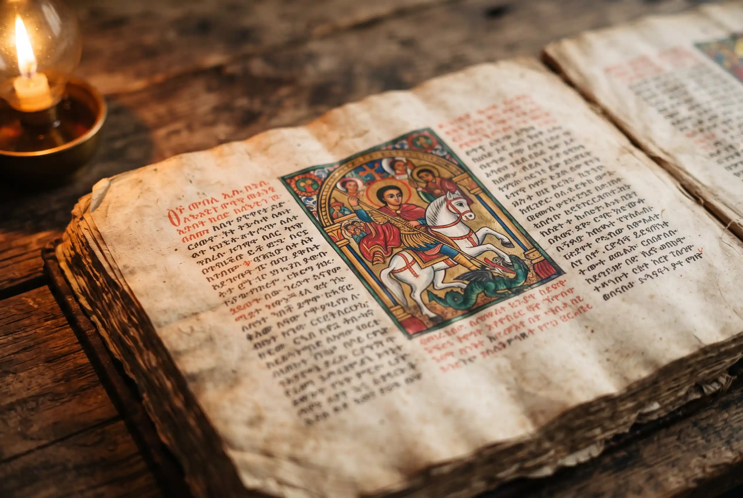 An old Ethiopian Ge'ez manuscript page with hand painted illustration and columns of Ge'ez script