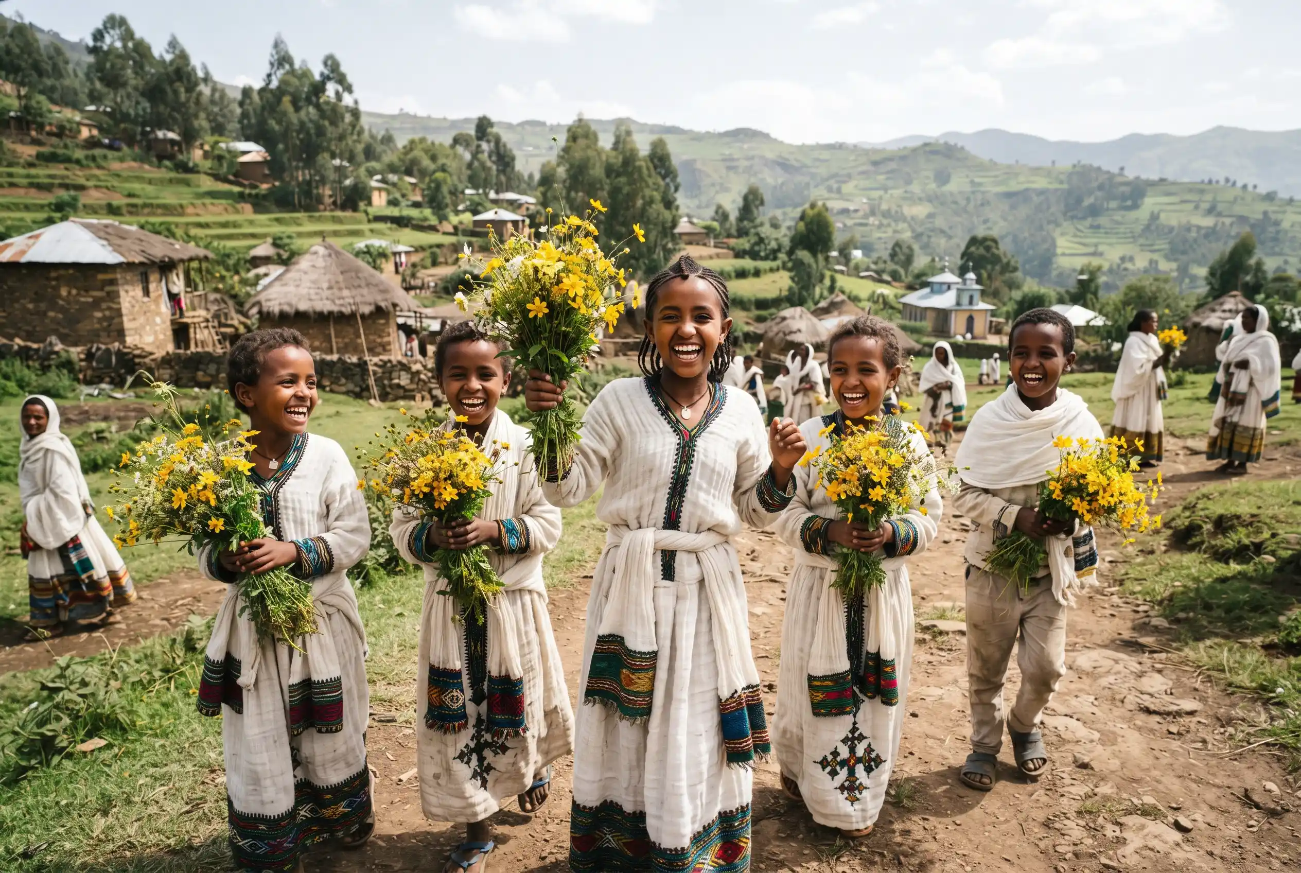 Children in white dress holding yellow Meskel daisies for the Ethiopian New Year, Enkutatash