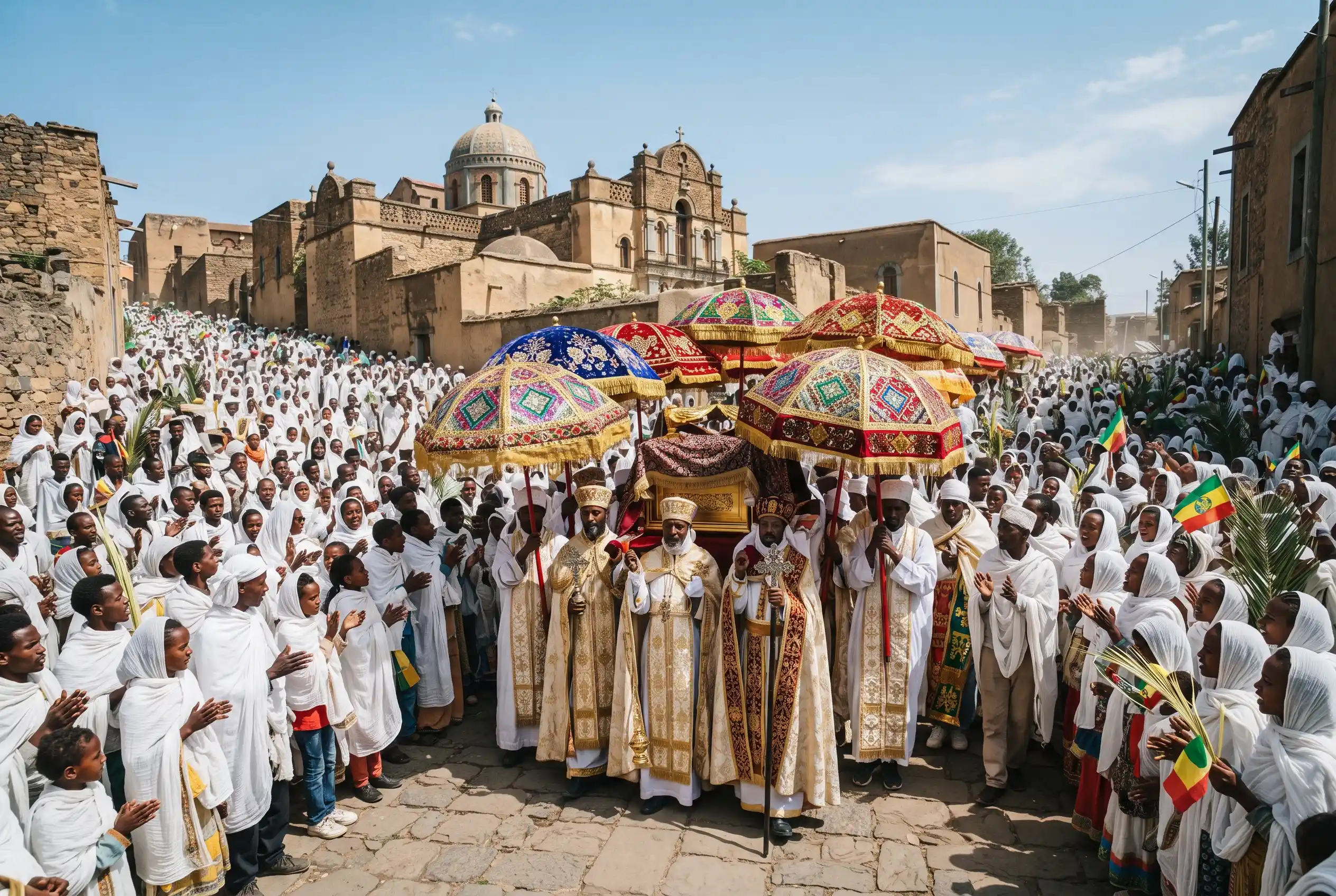 A Timket Orthodox festival procession in Ethiopia with ceremonial umbrellas and white robed worshippers