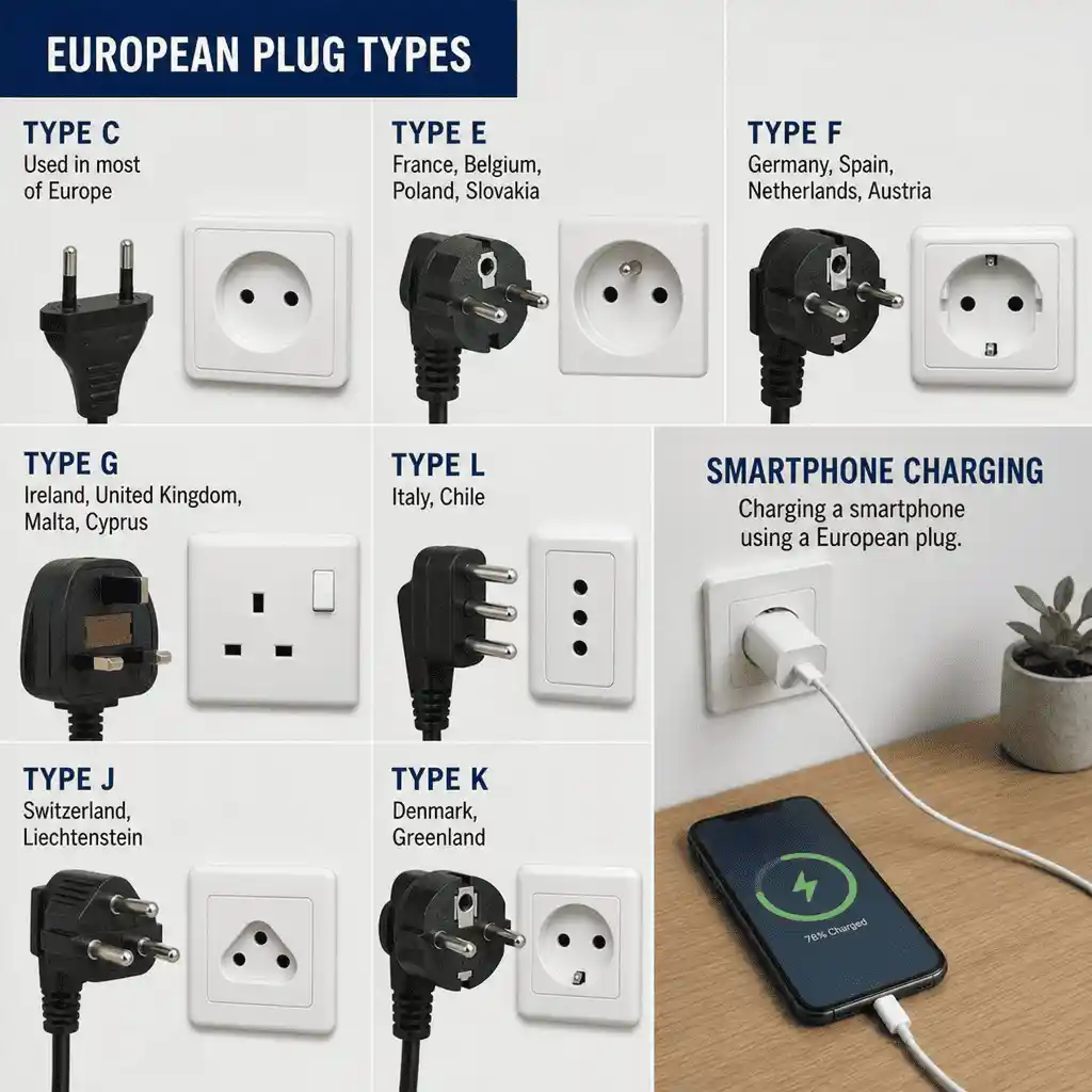 Infographic of European plug types C, E, F, G, L, J and K and the countries where each is used