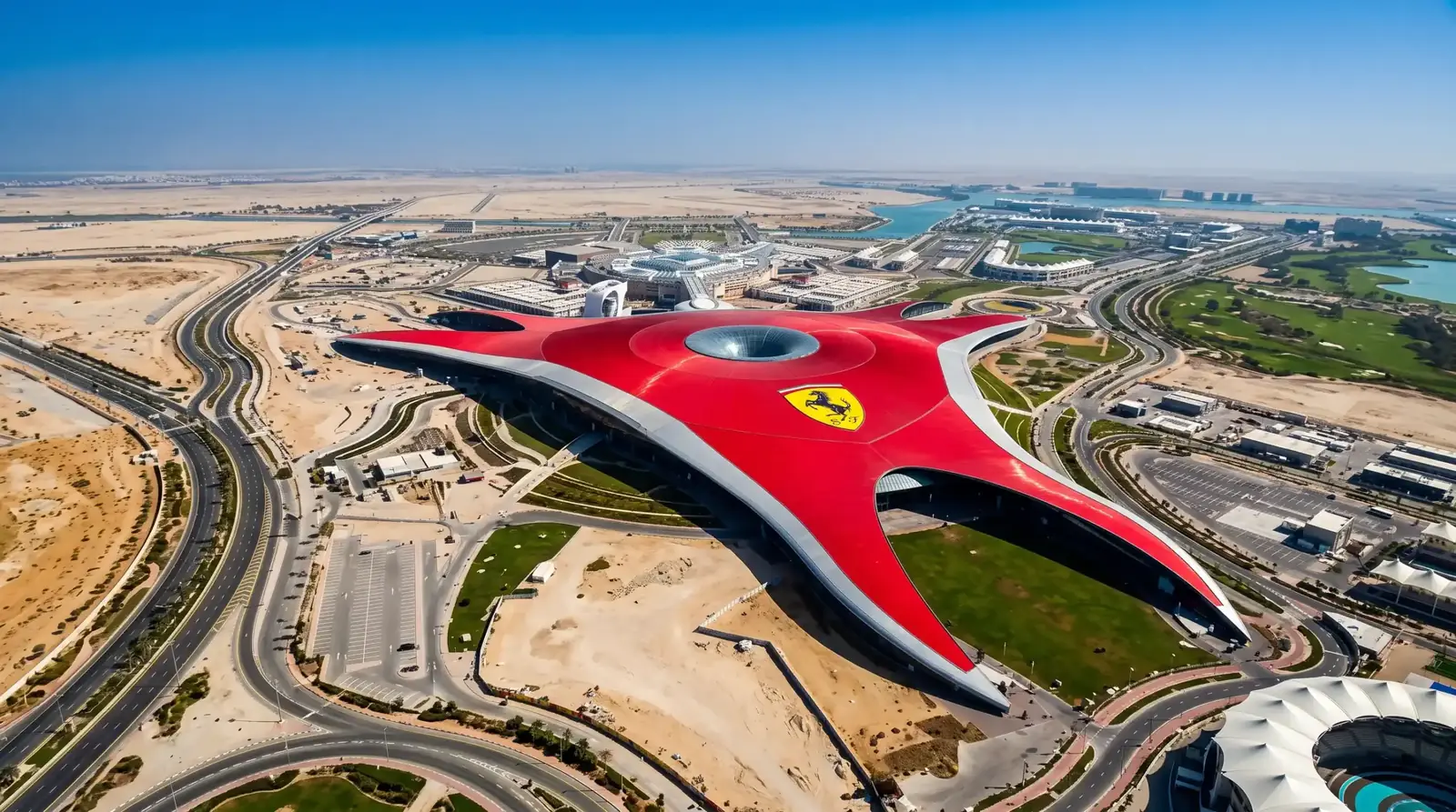 Iconic red roof of Ferrari World theme park in Abu Dhabi on Yas Island