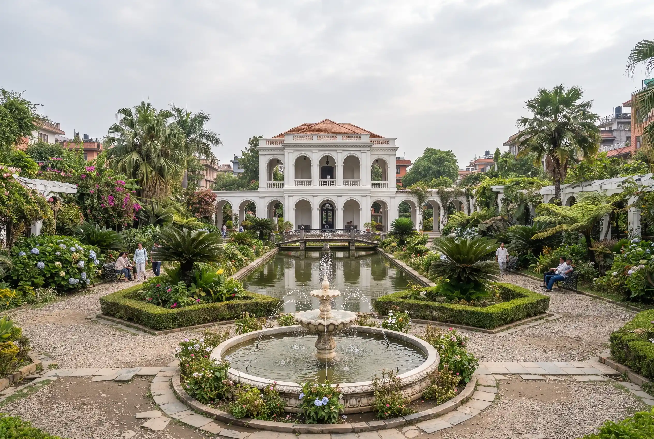 Garden of Dreams neo-classical pavilion and fountains in Kathmandu
