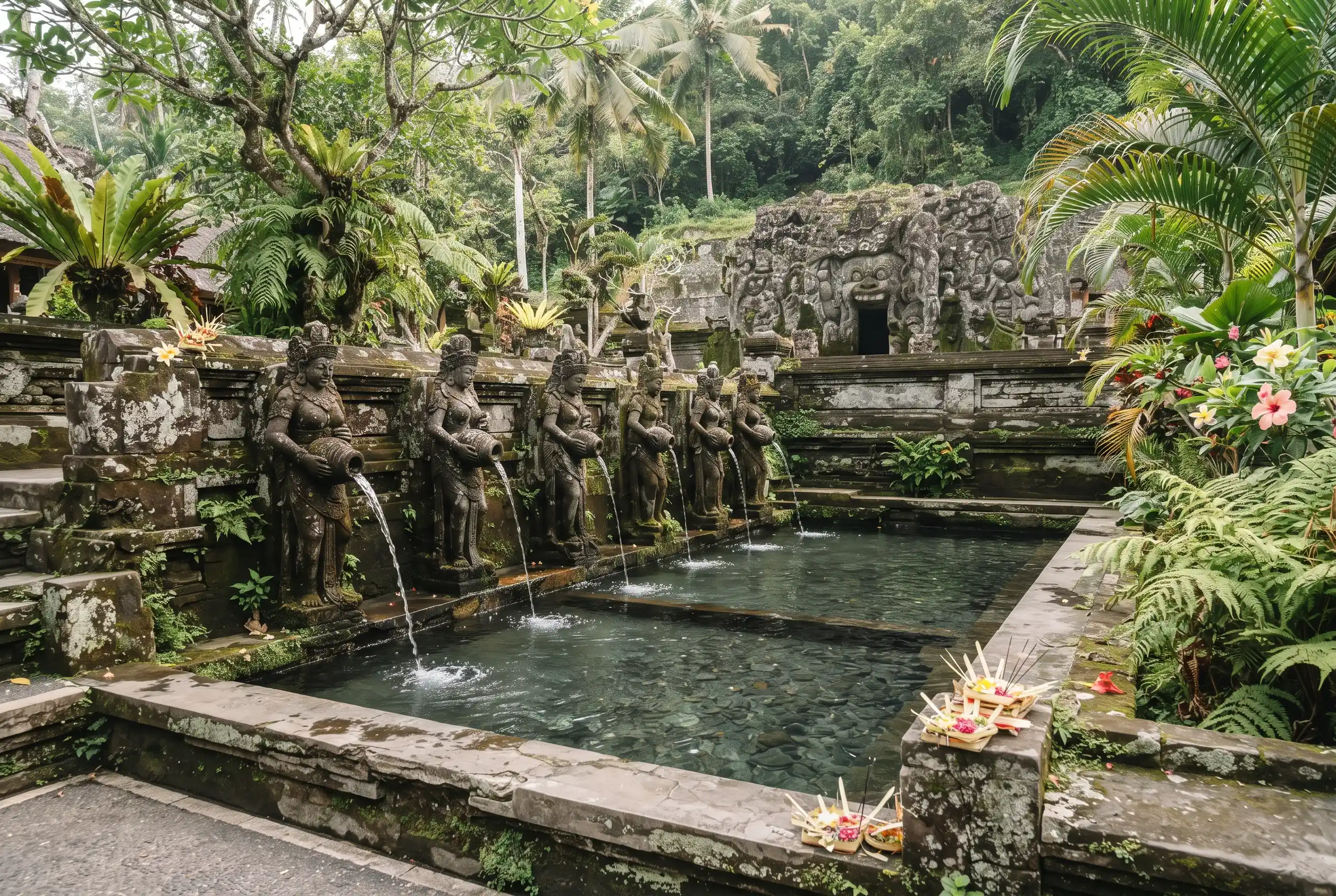Ancient stone bathing pools with carved spouts at Goa Gajah, Bali